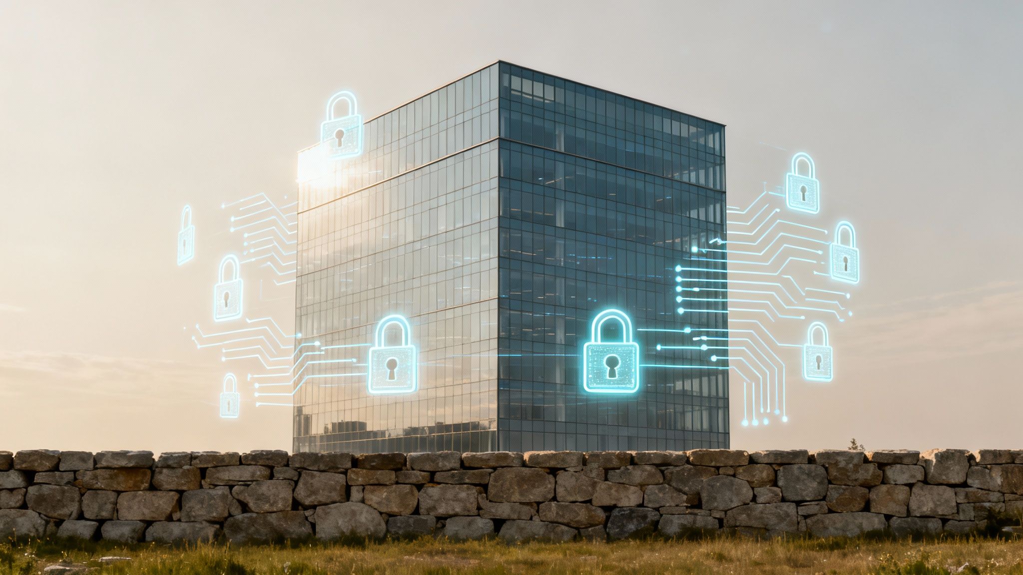 Modern glass building secured by glowing blue digital padlocks and circuit boards, representing cybersecurity.