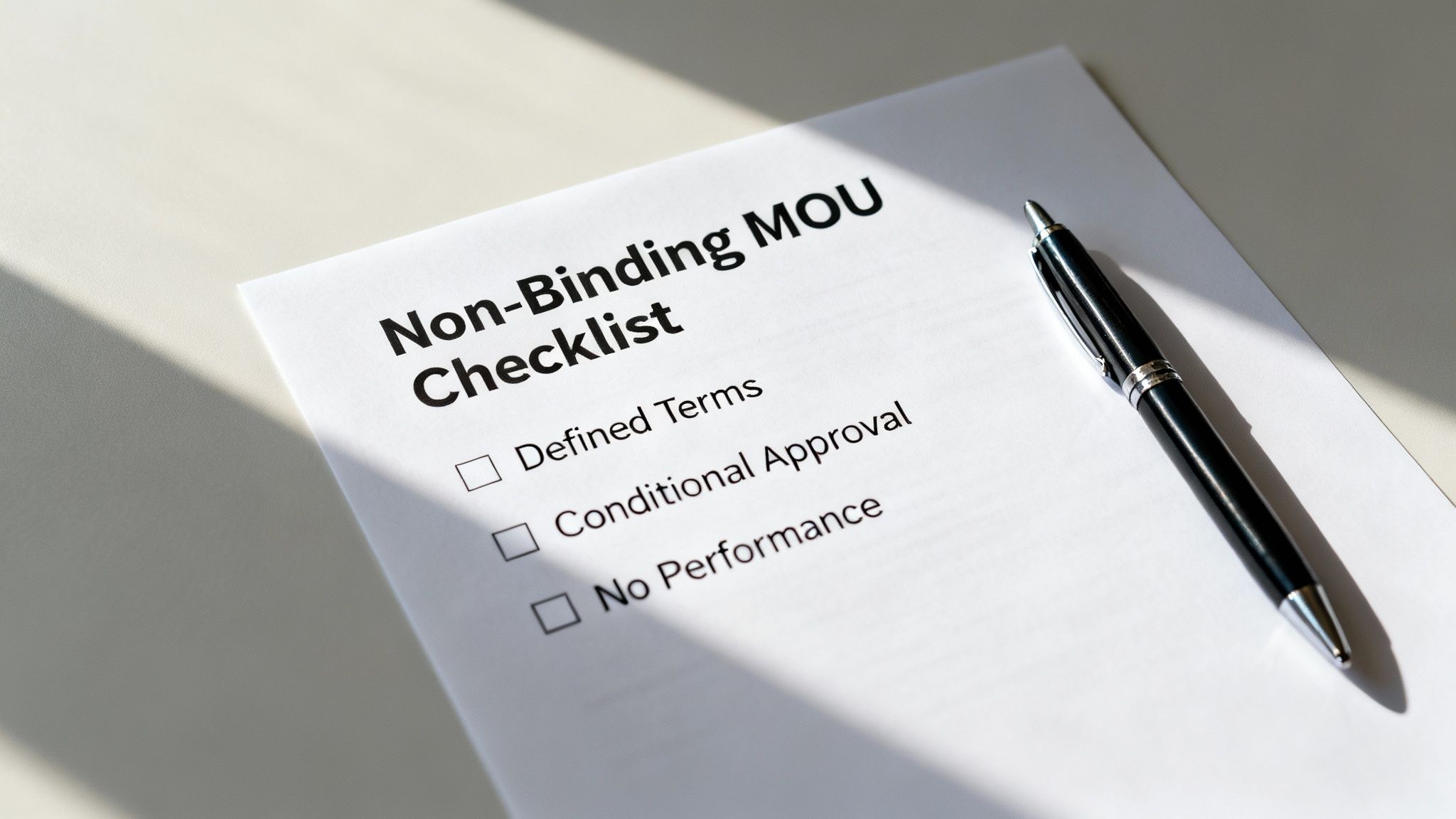 A non-binding MOU checklist document with items Defined Terms, Conditional Approval, No Performance, and a pen.
