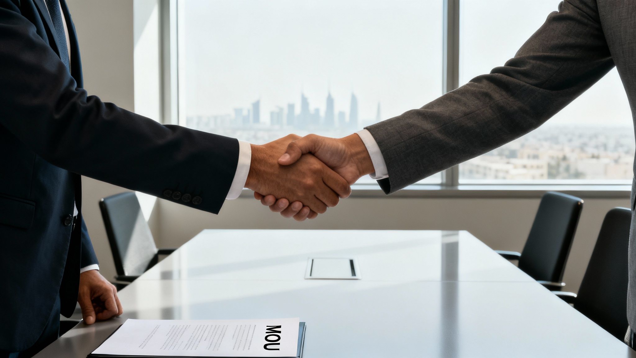 Two business professionals in suits shaking hands over a meeting table with an MOU document and city skyline.