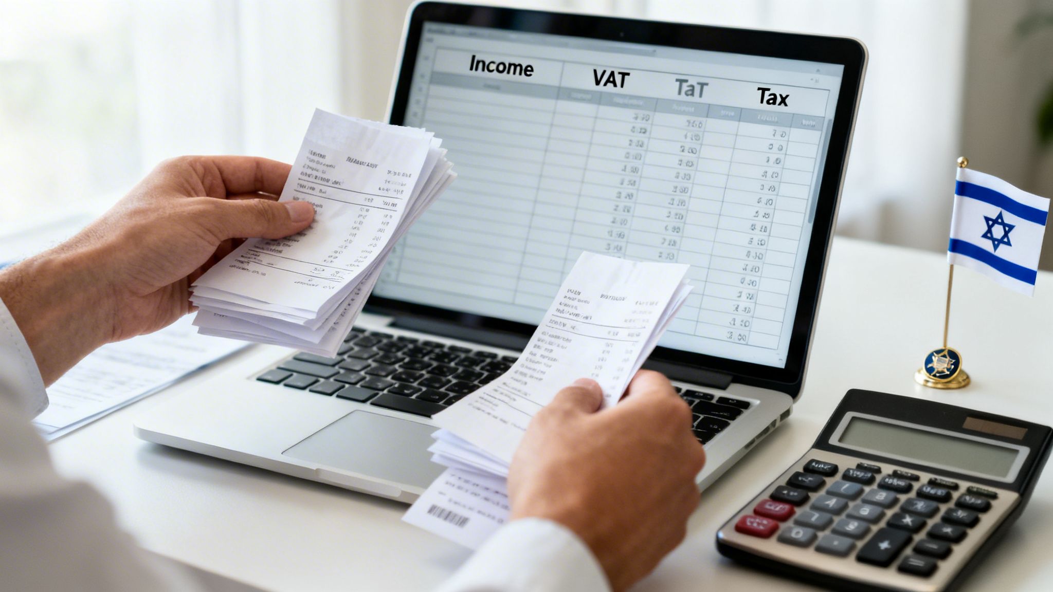 A person holds receipts while working on a laptop displaying tax calculations, with an Israeli flag and calculator.