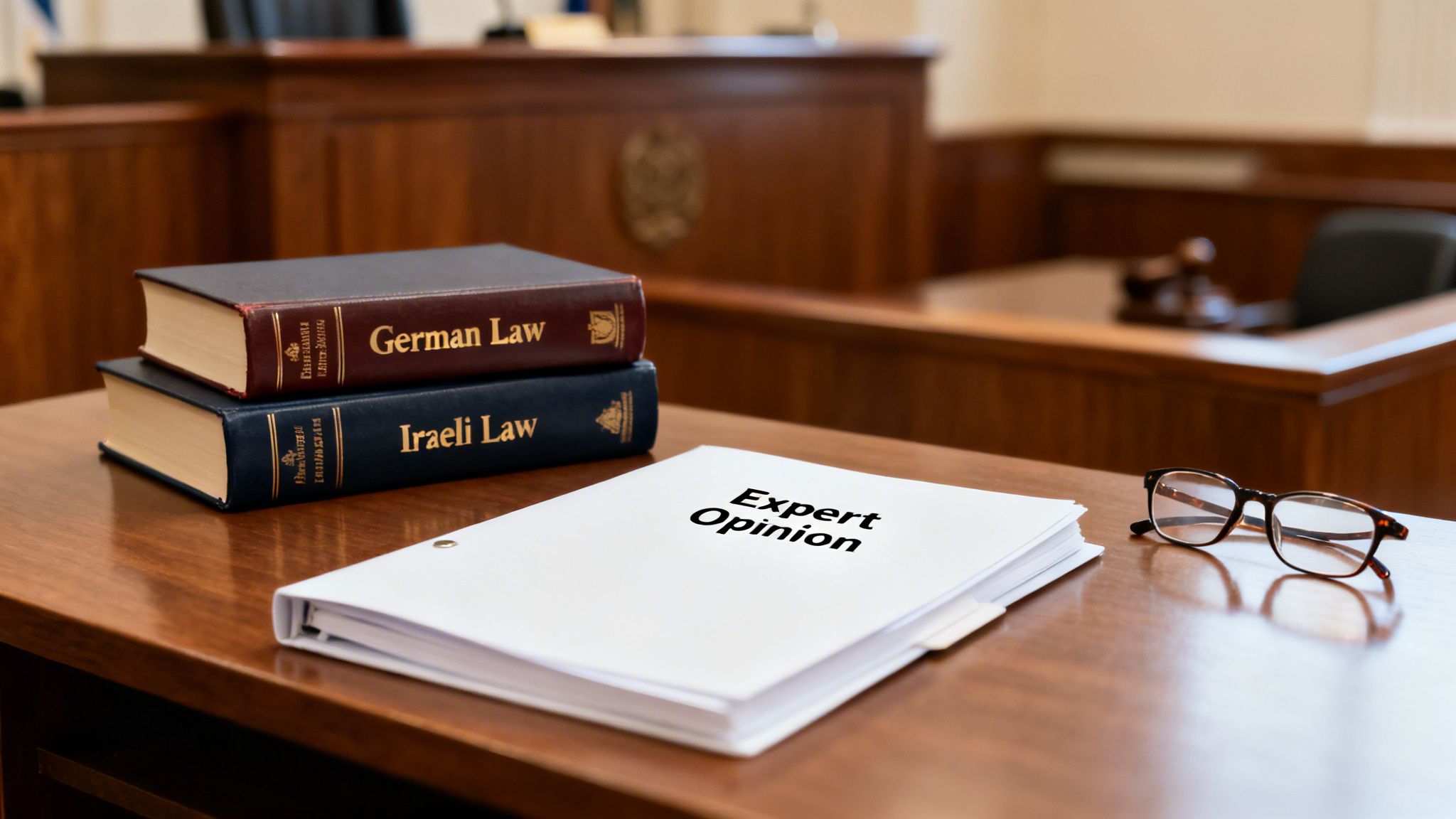 Law books titled 'German Law' and 'Israeli Law', an 'Expert Opinion'binder, and eyeglasses on a courtroom desk with a gavel in the background.