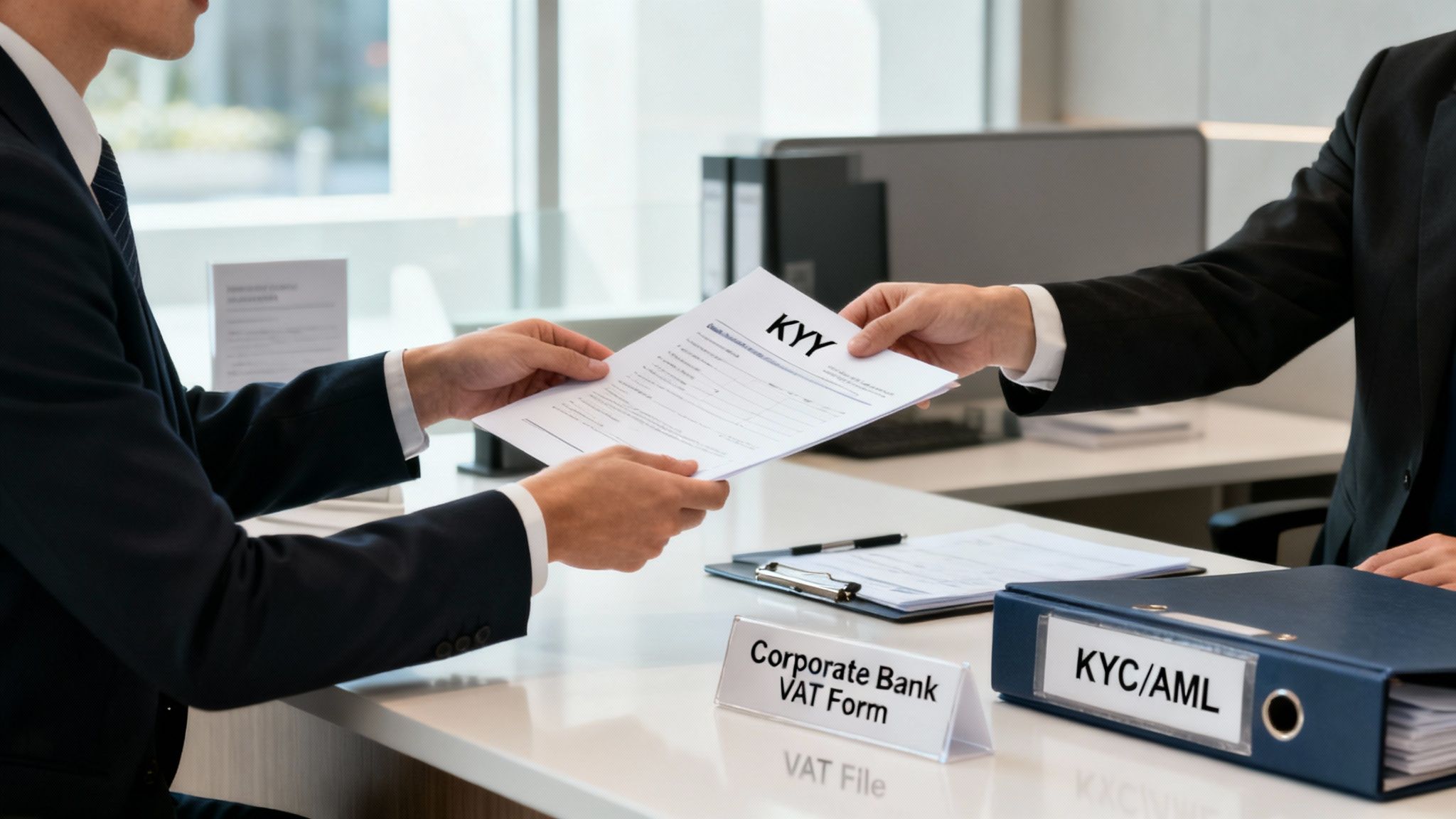 Two businessmen exchange a KYY document at a corporate bank desk with a KYC/AML binder.