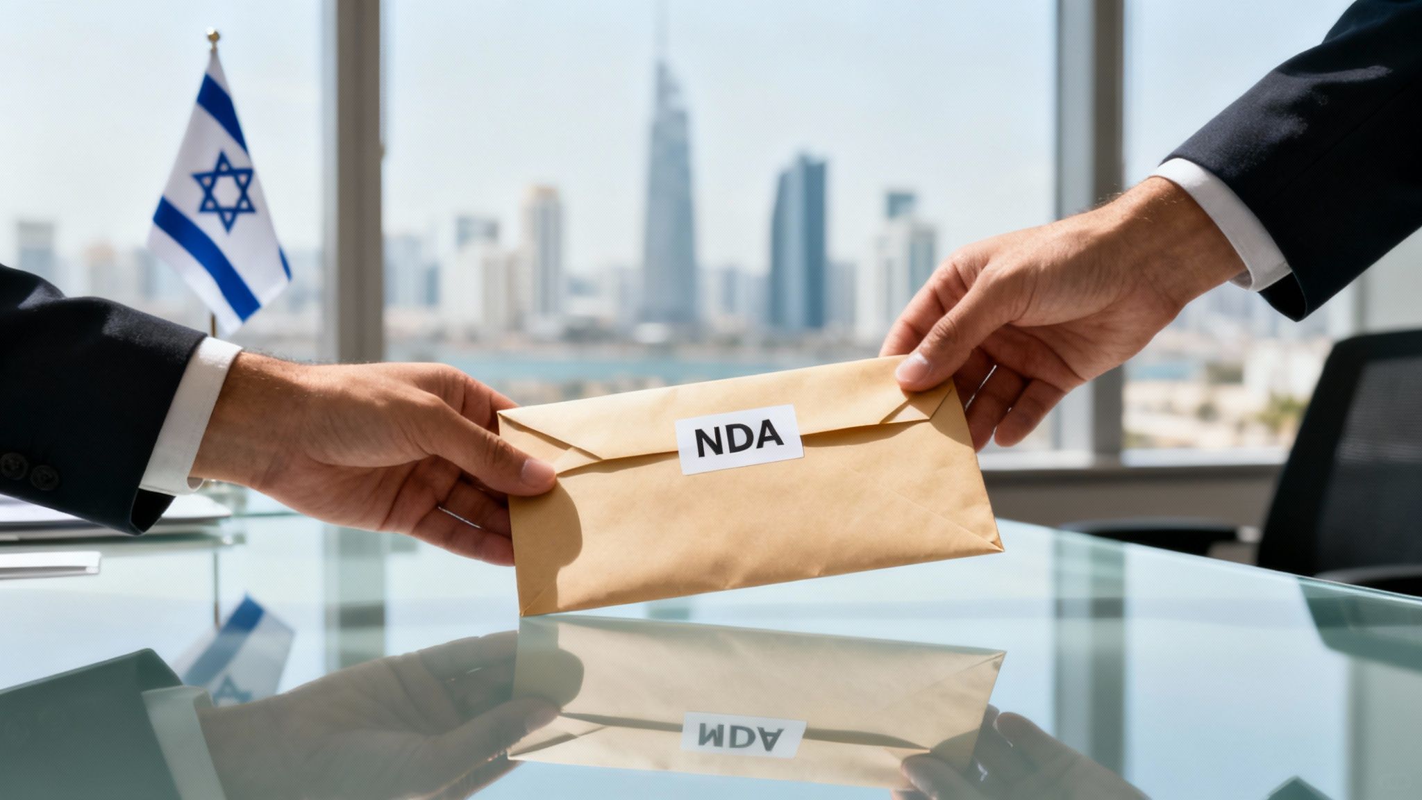 Two business hands exchange an NDA envelope on a glass table, with an Israeli flag and city skyline in the background.