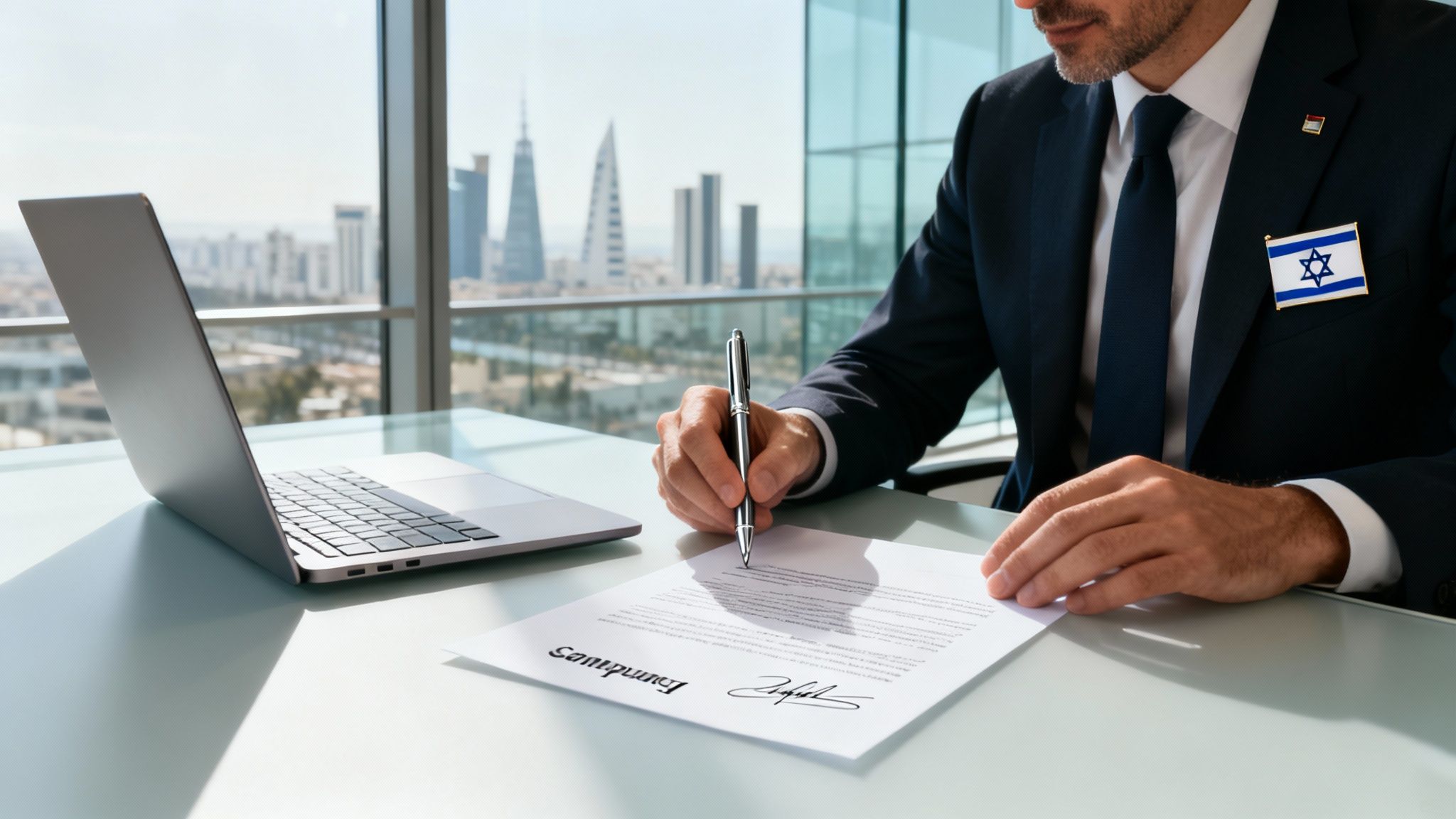 A man in a suit with an Israel flag pin signs a document at a desk with a laptop and city skyline.