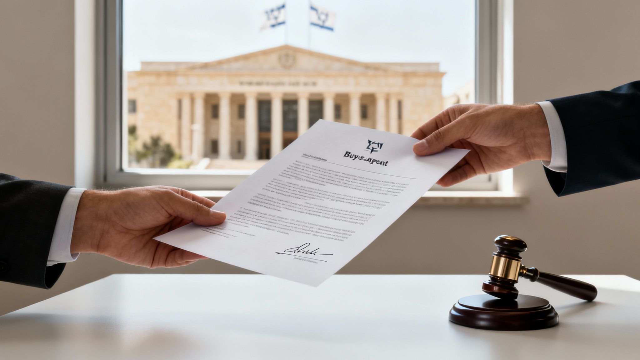 Two suited individuals exchanging a document with a gavel on the table and a courthouse in the background.