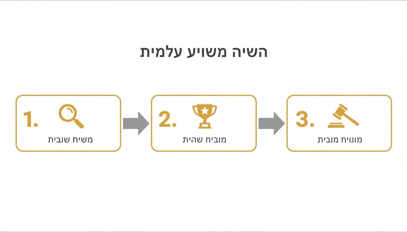 A three-stage flowchart: 1. Locate & Investigate, 2. Target Acquired, 3. Legal Ruling, with guiding arrows.