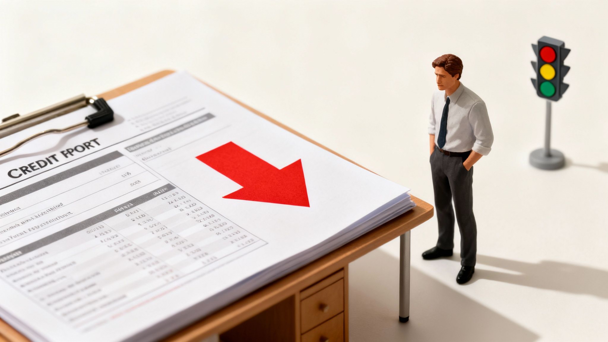דוח אשראי עם חץ אדום מטה ודמות אדם לידו, רמזור ברקע, מסמל ירידה בדירוג.