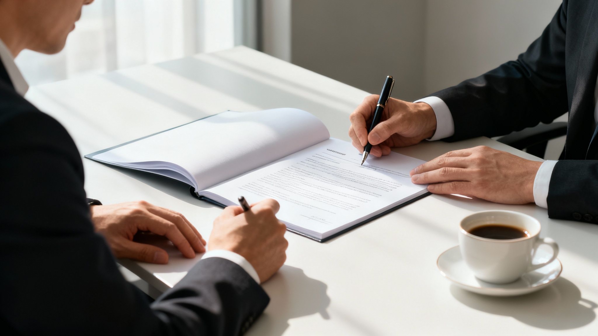 שני אנשי עסקים חותמים על מסמכים חשובים על שולחן משרדי לבן, עם כוס קפה.