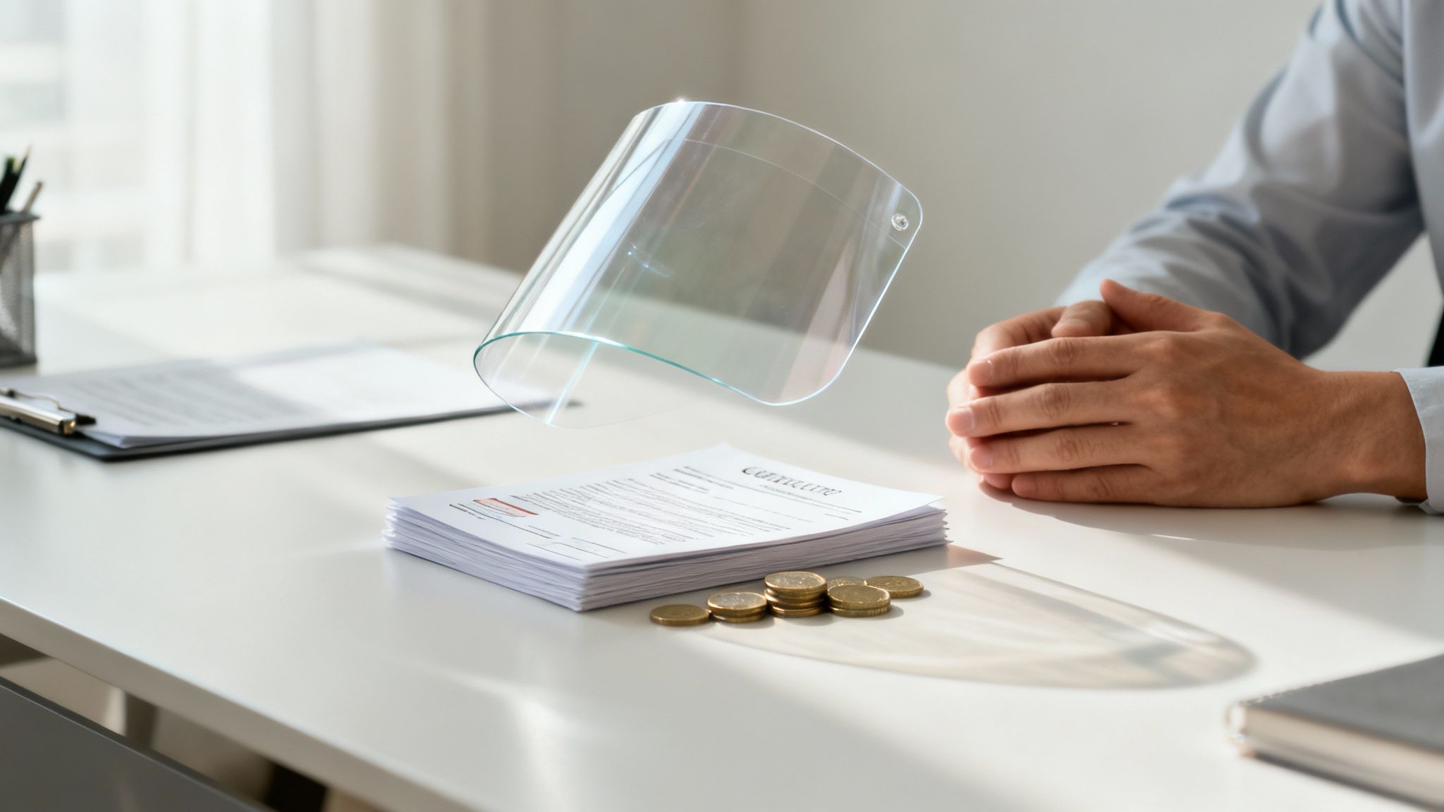 Professional hands on a desk with stacked resumes, gold coins, and a floating face shield.