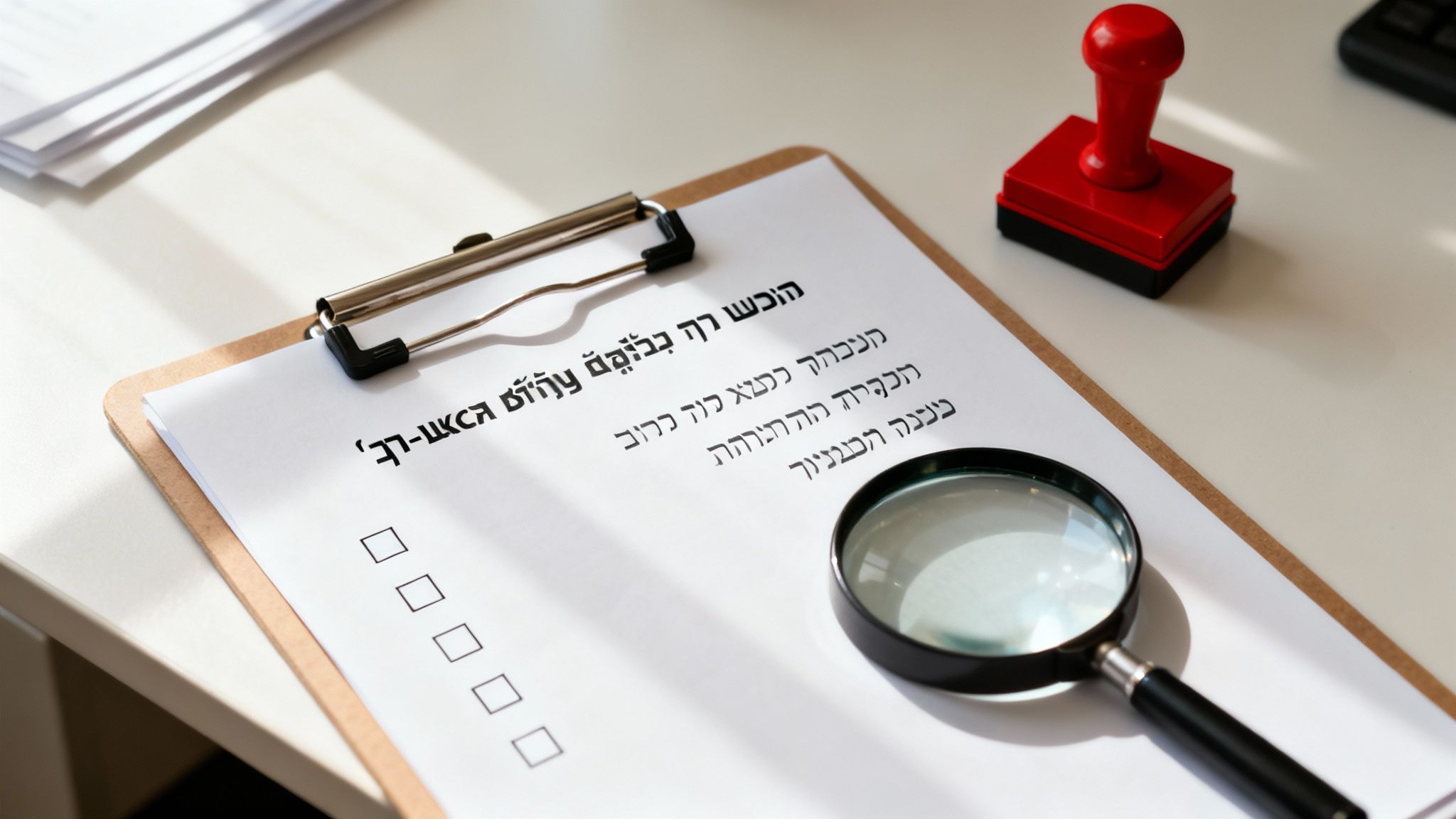 קליפבורד עם מסמך בעברית, זכוכית מגדלת וחותמת אדומה, מייצגים בדיקה של קניין רוחני.