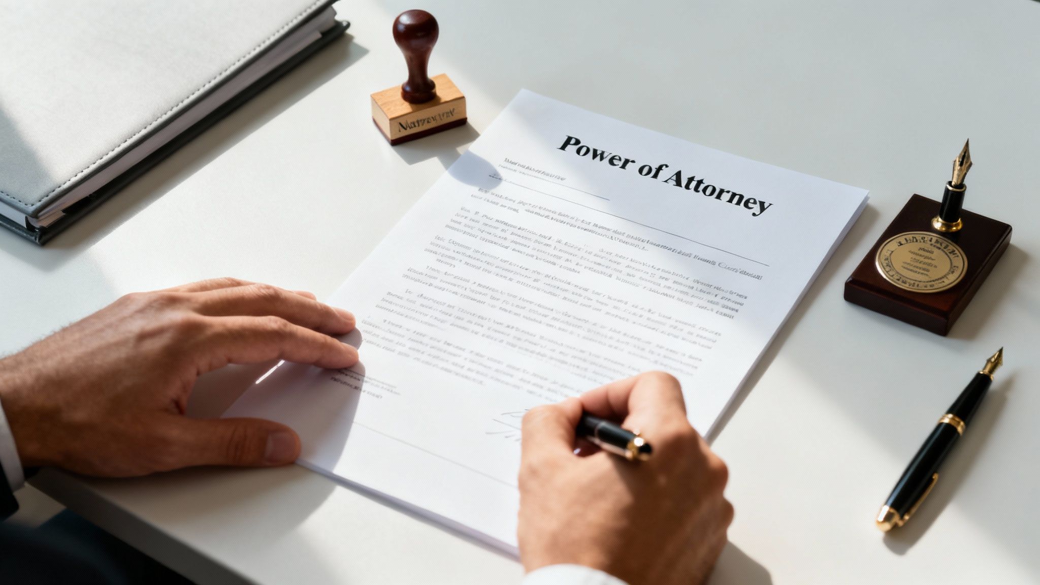 A person's hands signing a 'Power of Attorney' document on a white desk, with a notary stamp and a pen.