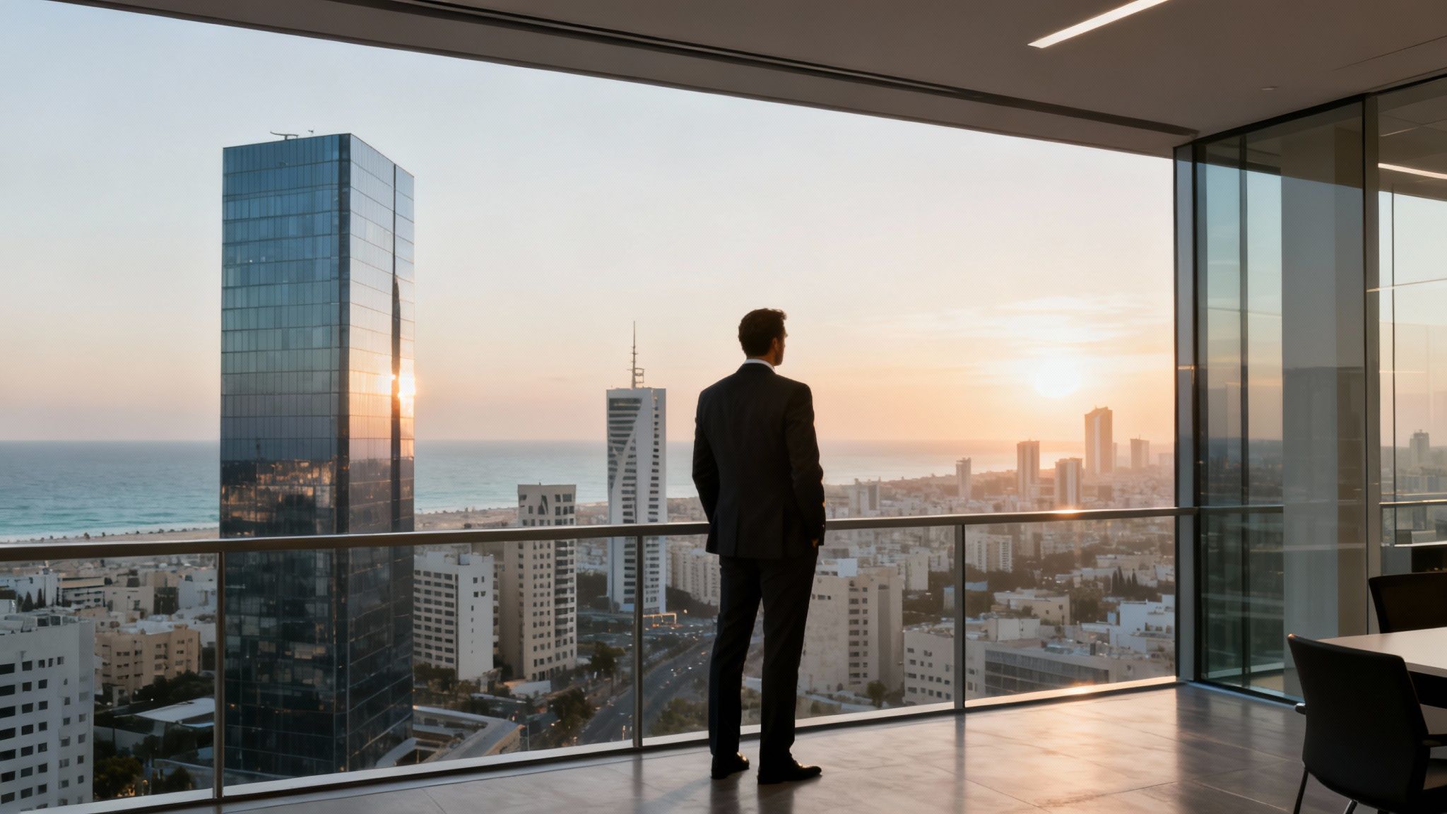 Businessman overlooking a modern city and ocean at sunset from a high-rise office.