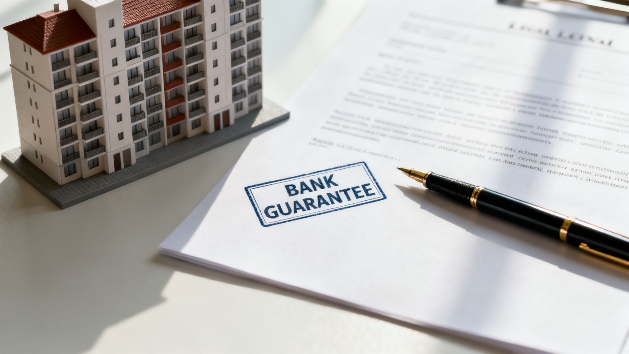 A bank guarantee document with a pen and a miniature apartment building model on a white desk.