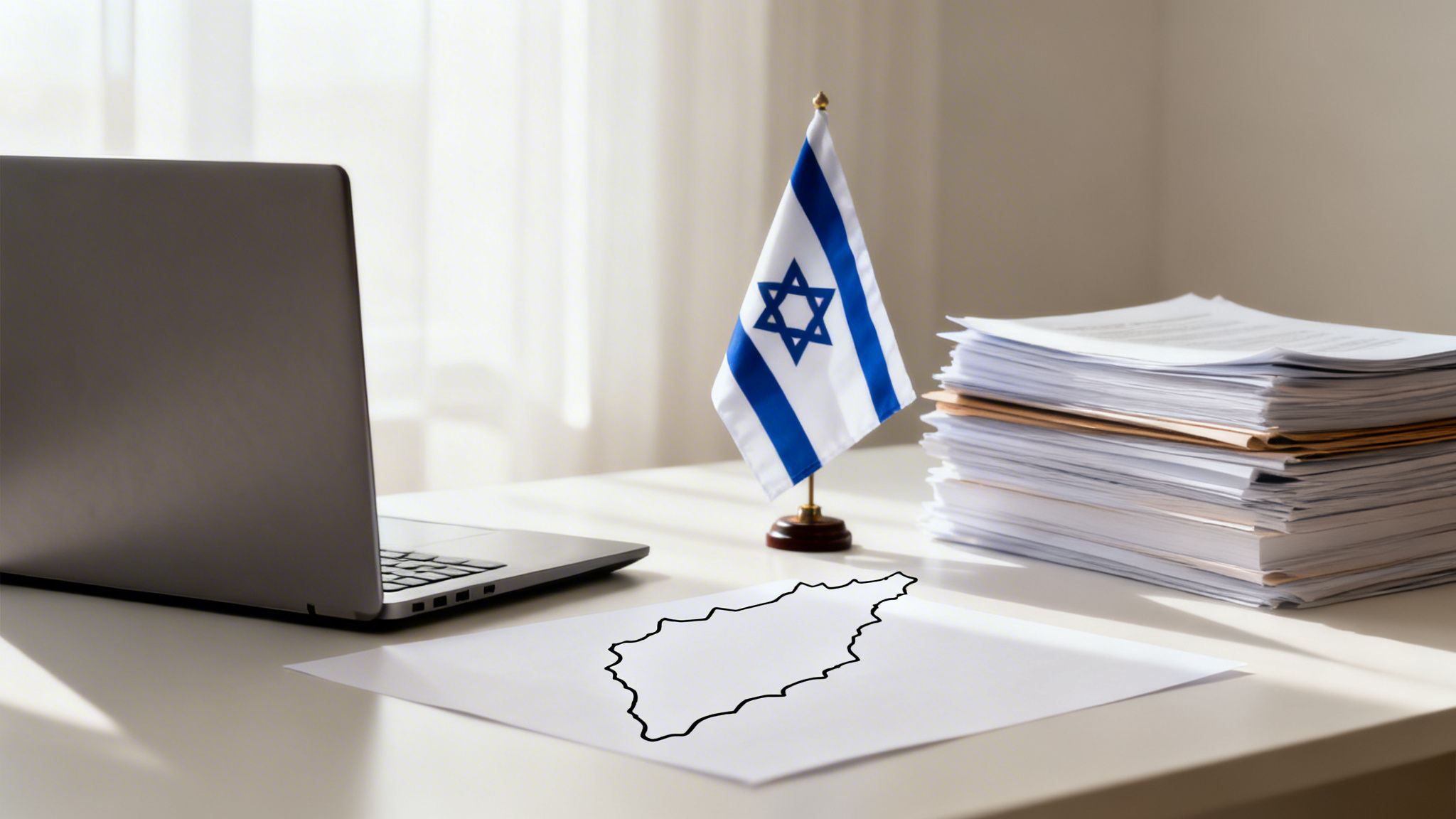A brightly lit office desk featuring an Israeli flag, laptop, stacked documents, and a map outline.