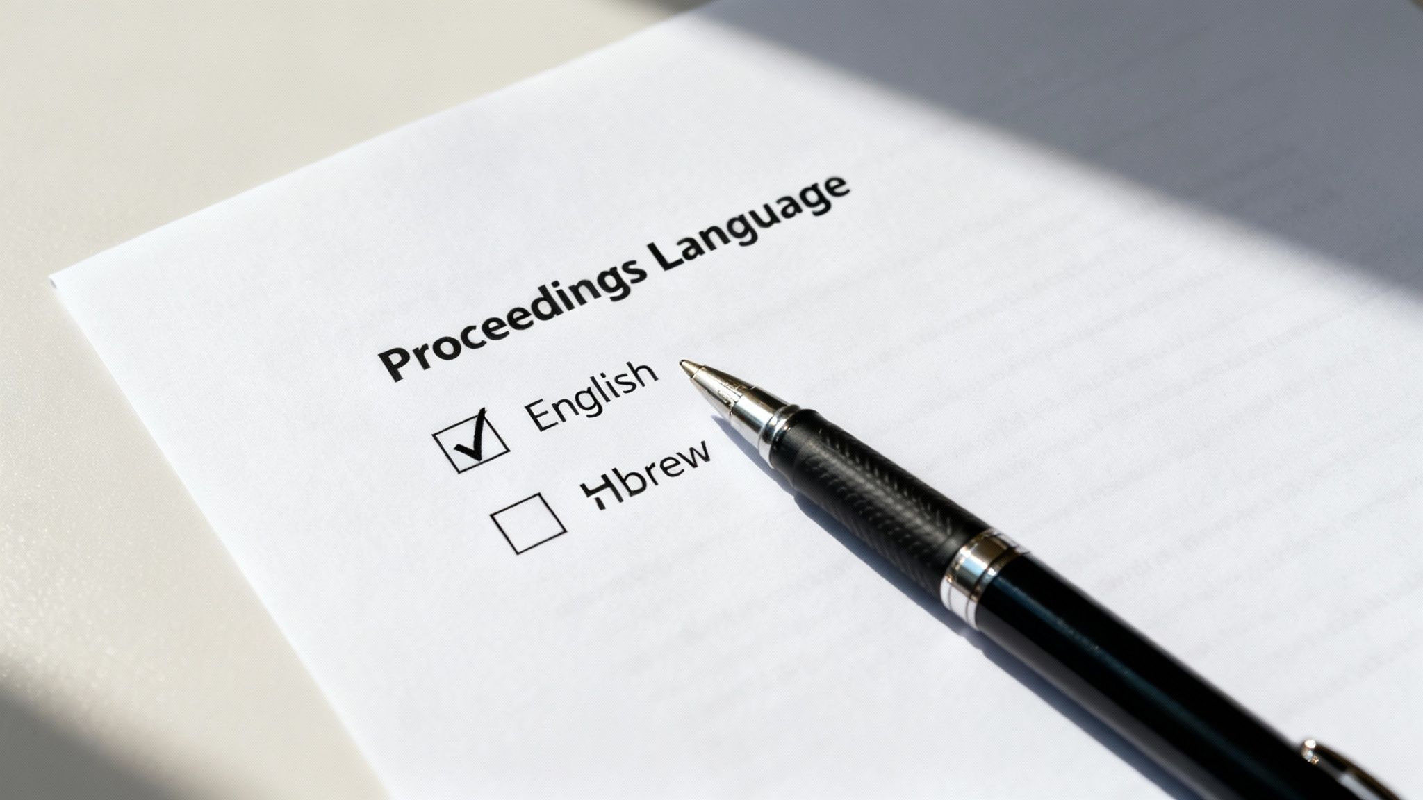 A document shows 'Proceedings Language' with 'English' checked and 'Hebrew' unchecked, next to a pen.