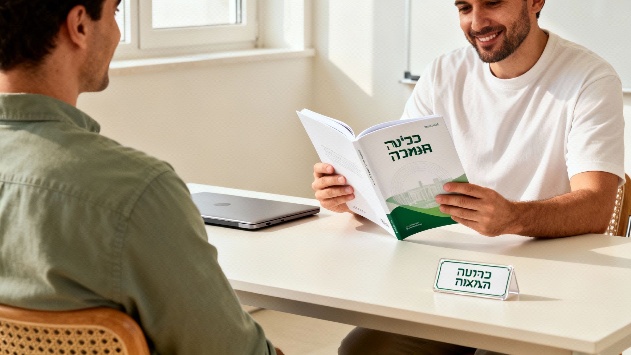 שני גברים יושבים סביב שולחן, אחד קורא ספר בעברית בחיוך, השני מקשיב.