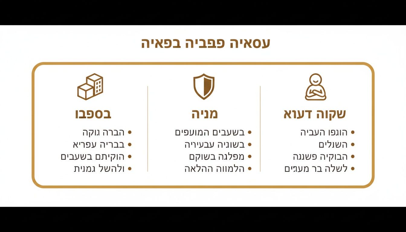 אינפוגרפיקה עסקית עם שלושה עמודים: נכסים, הגנה ואדם, כל אחד עם אייקון ורשימת נקודות.