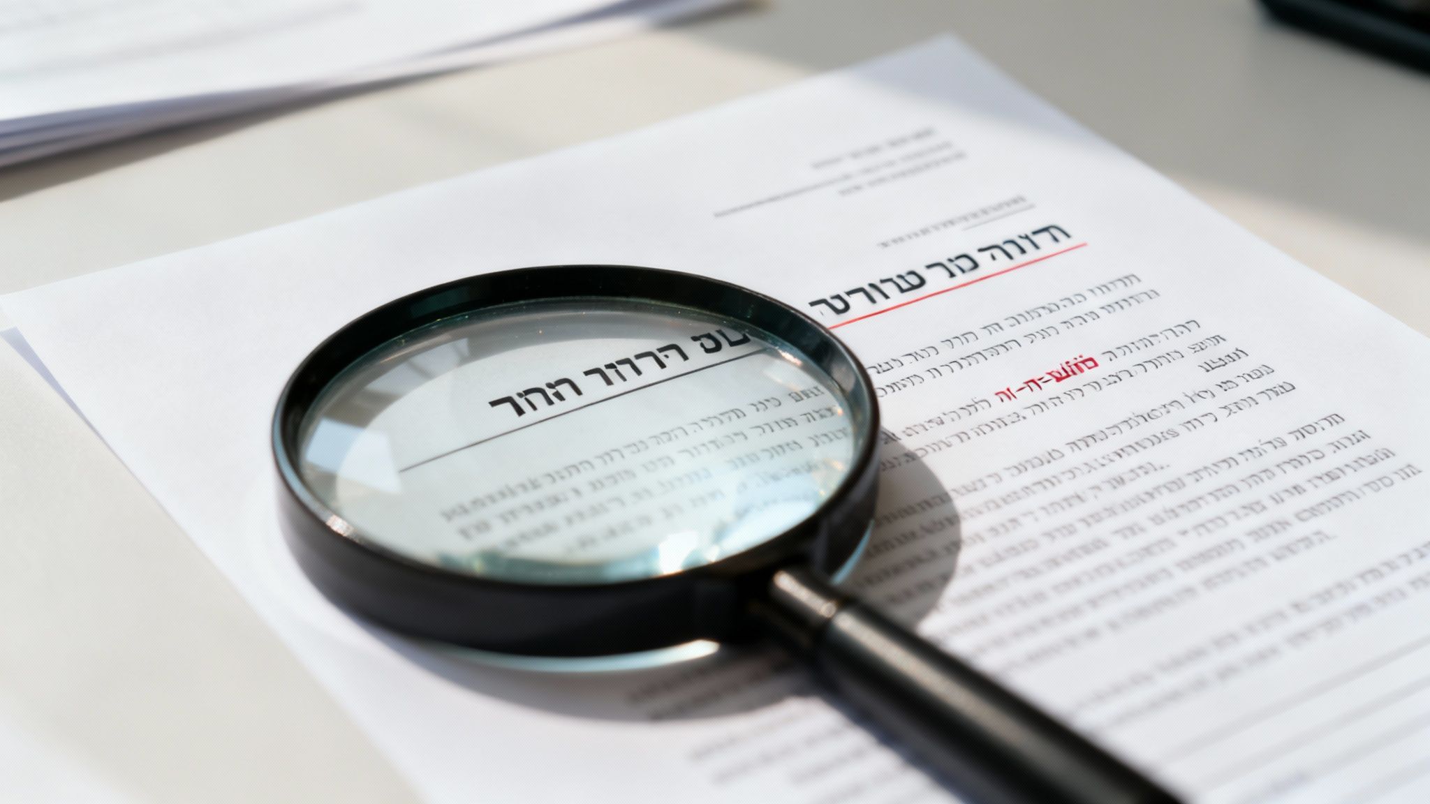 בדיקת הסכם משפטי בעברית באמצעות זכוכית מגדלת, עם טקסט מודגש באדום.