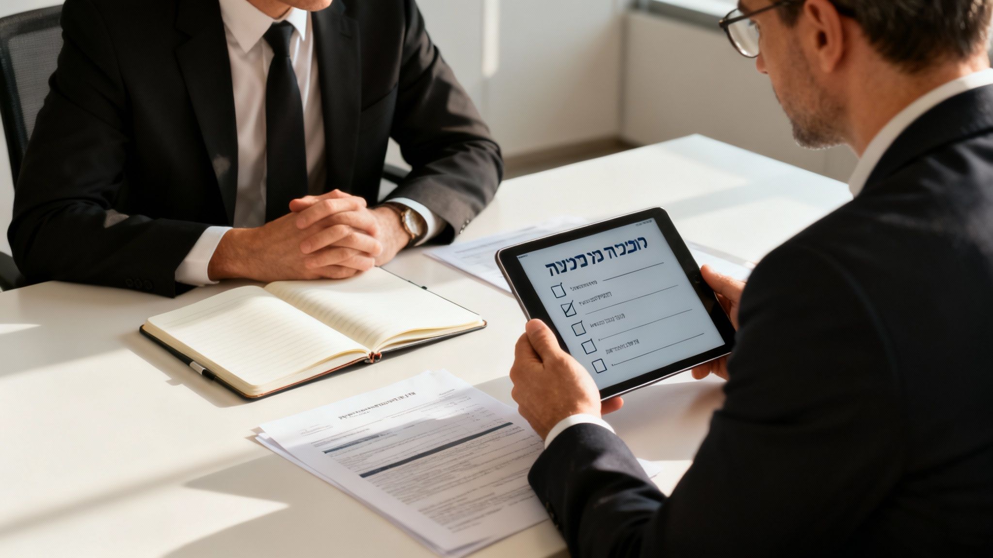 שני גברים בחליפות יושבים ליד שולחן, אחד בוחן טאבלט עם רשימת משימות בעברית.