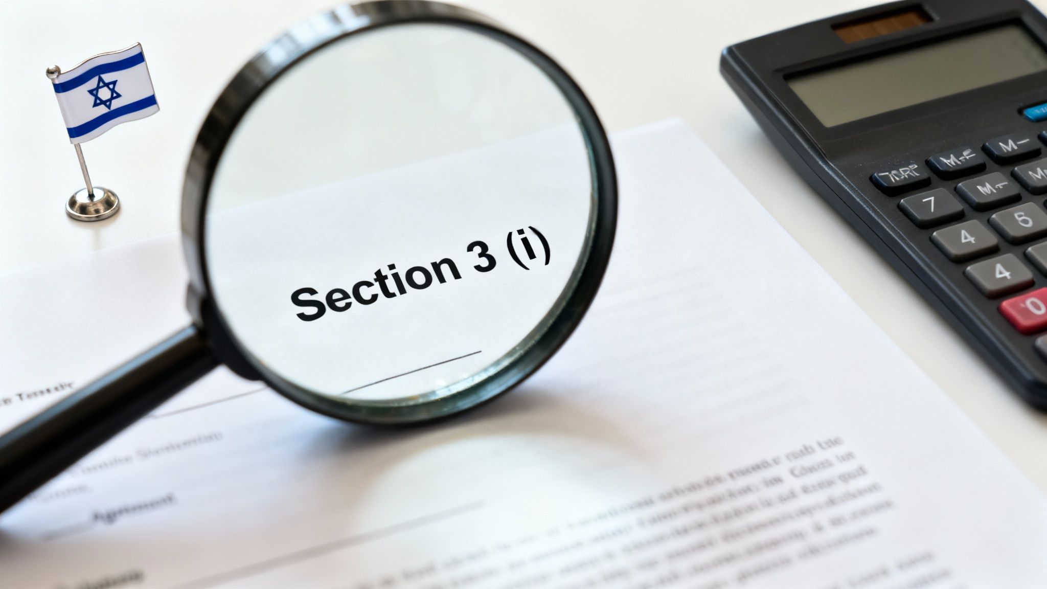 Magnifying glass over a document highlighting 'Section 3 (i)', with an Israeli flag and calculator.