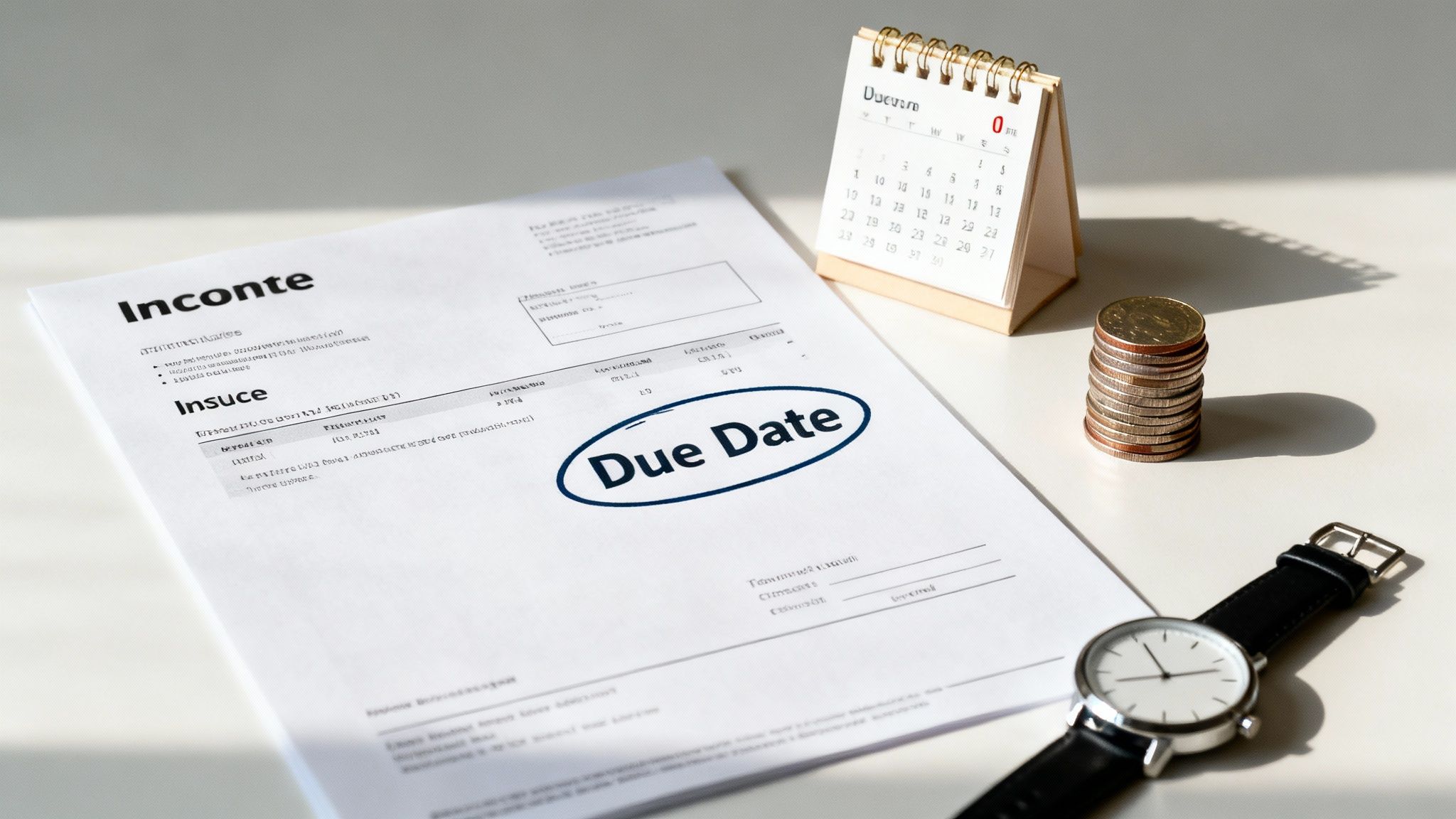 A financial document with 'Due Date' highlighted, alongside a calendar, stacked coins, and a wristwatch.