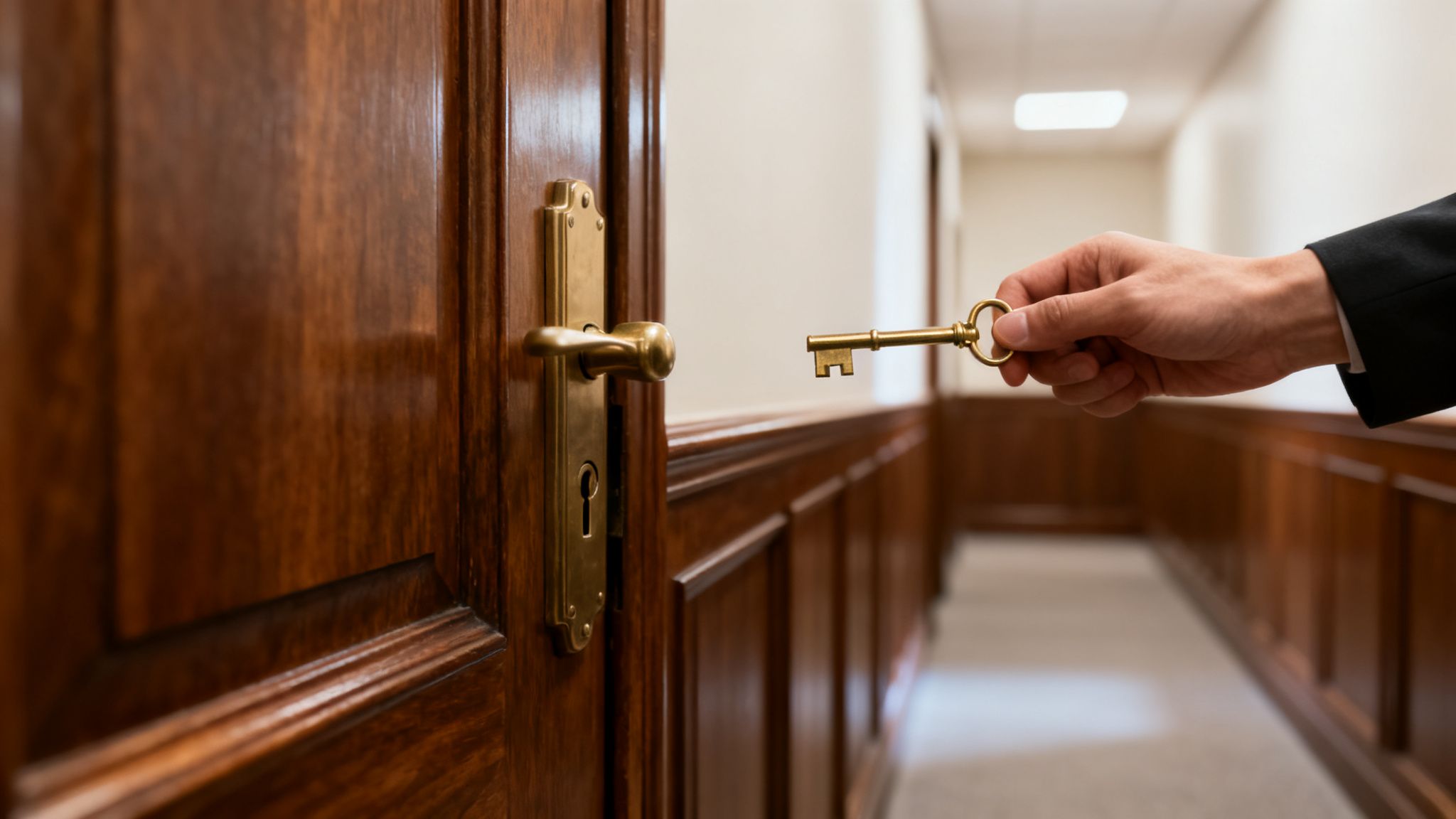 A hand holds a brass skeleton key towards a dark wooden door with a matching lock.