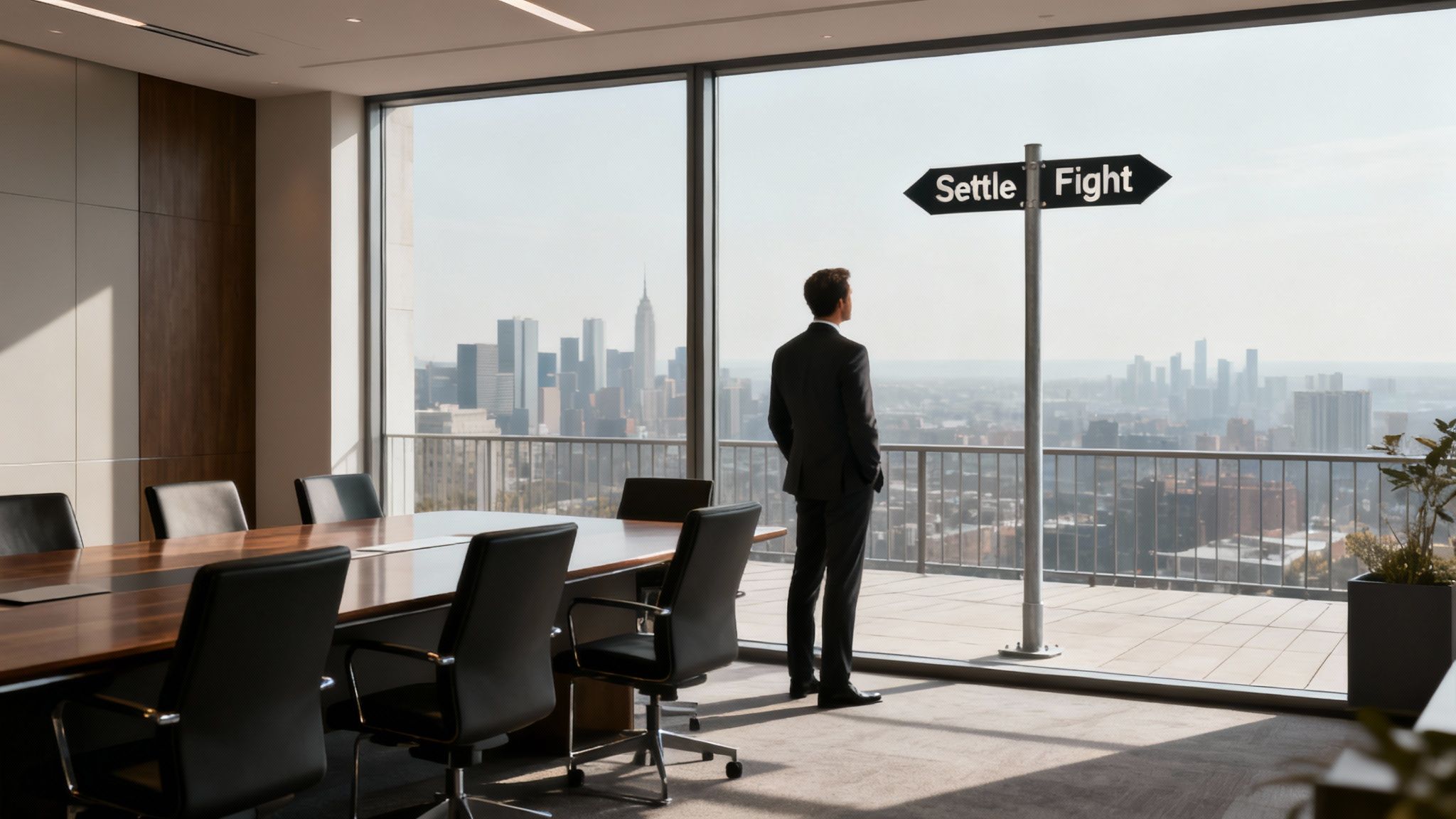 Businessman in an office looking at a city view and a signpost showing 'Settle' or 'Fight'.