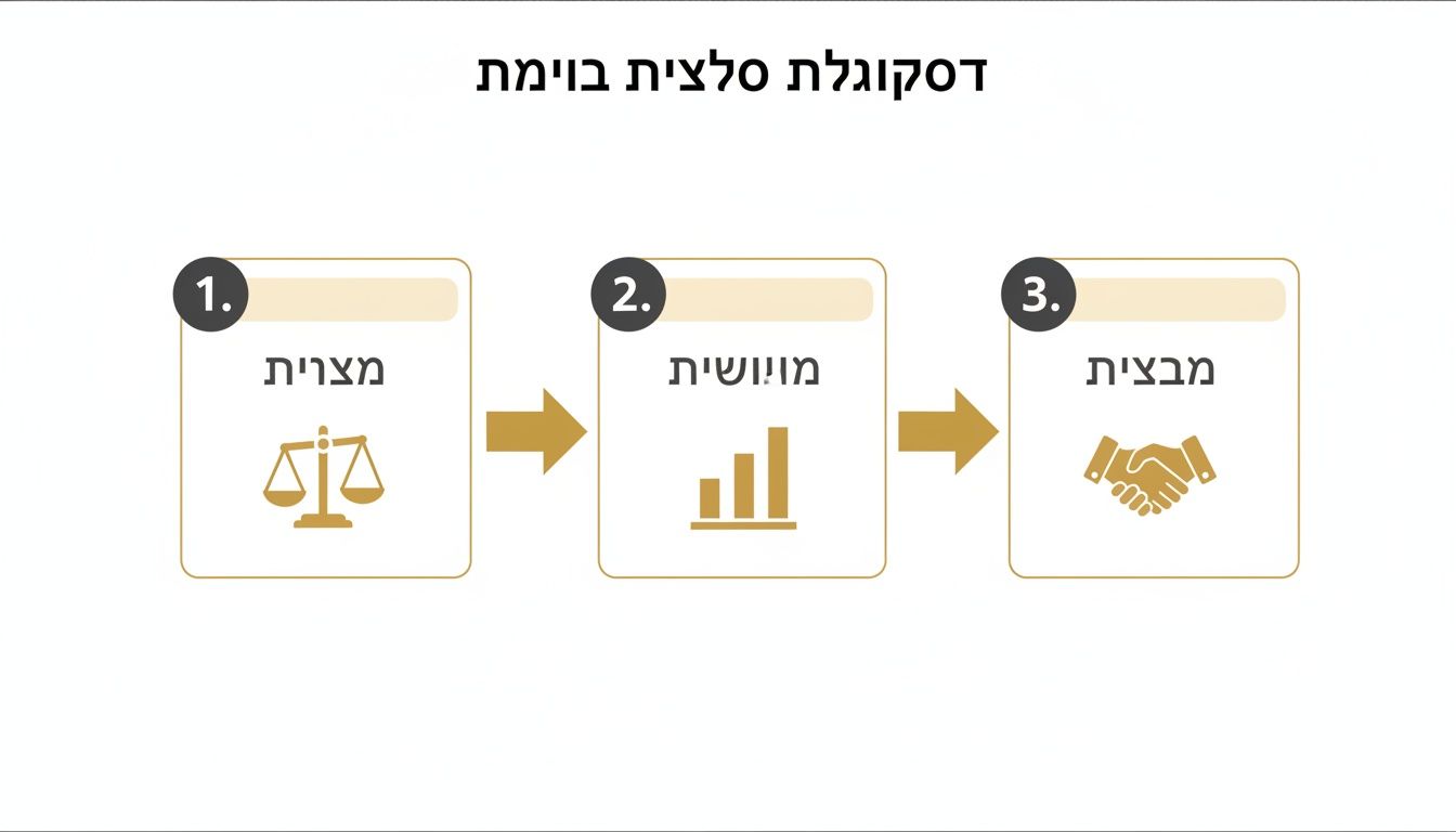 תרשים זרימה המציג שלושה שלבים: שלב משפטי (מאזני צדק), שלב תוצאות מוחשיות (גרף) ושלב הסכם (לחיצת יד).