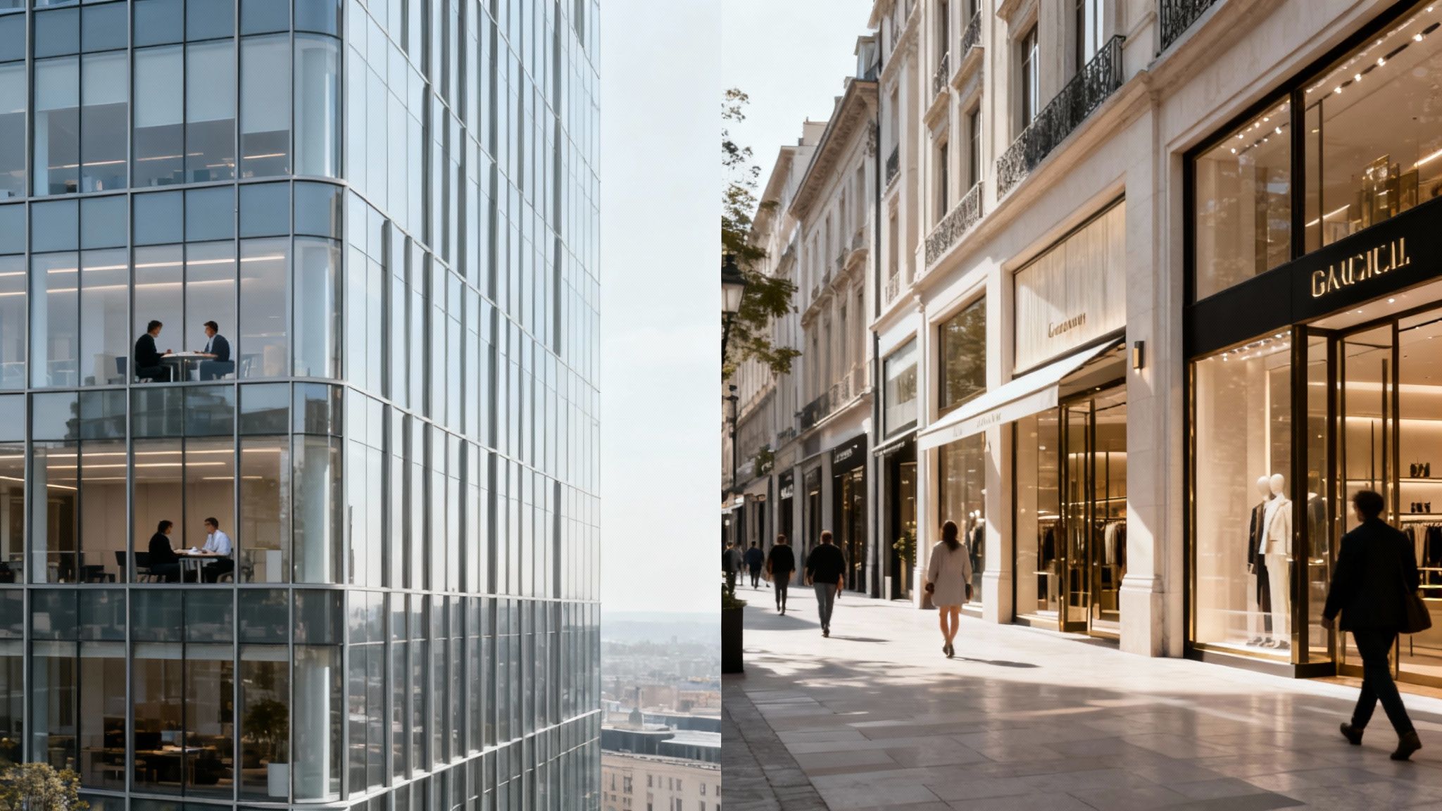 A split image contrasting a modern glass office building with people in meetings and a luxury shopping street.
