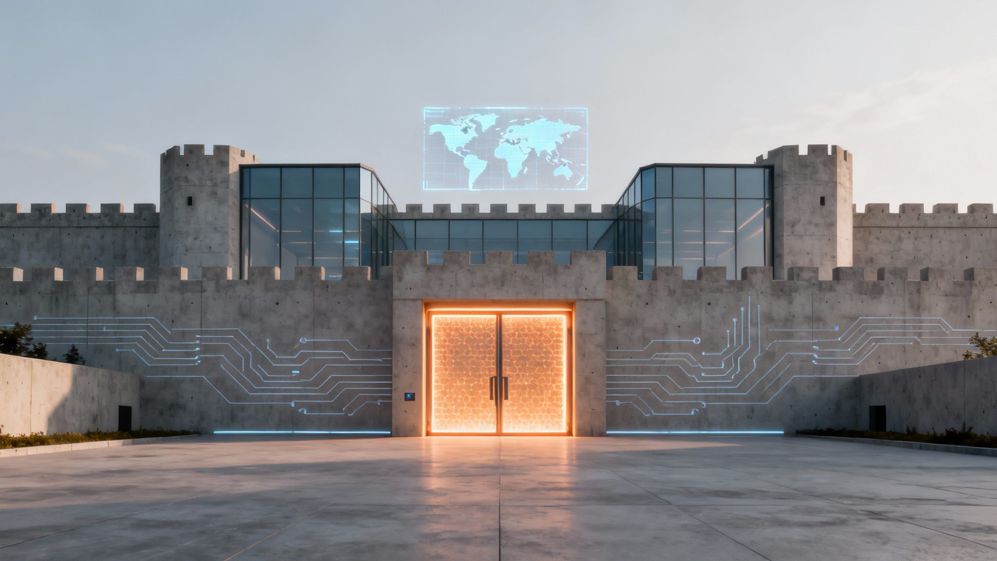 A futuristic concrete fortress with a glowing orange gate, circuit patterns, and a holographic world map.