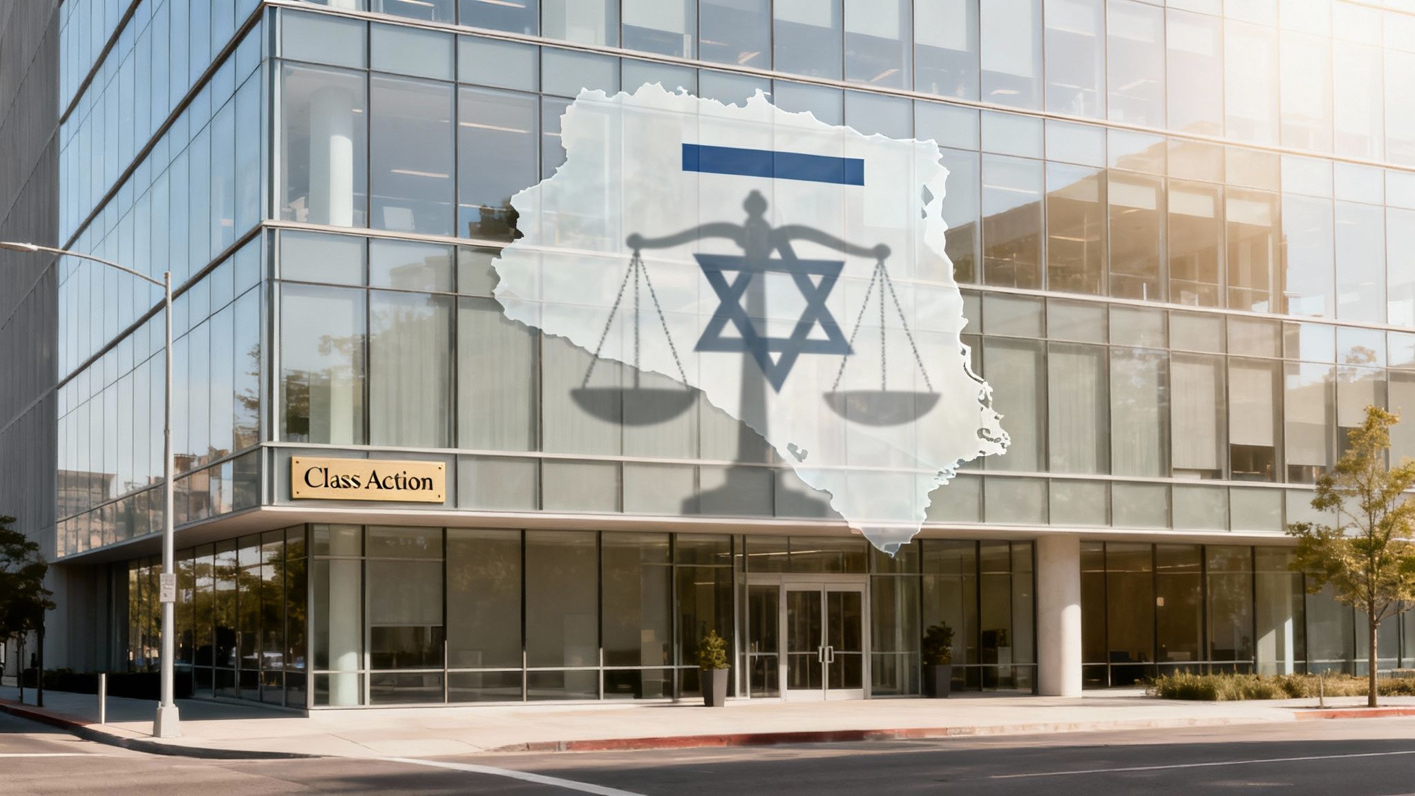 Modern glass building with 'Class Action' sign, overlaid with an Israeli map silhouette featuring scales of justice.