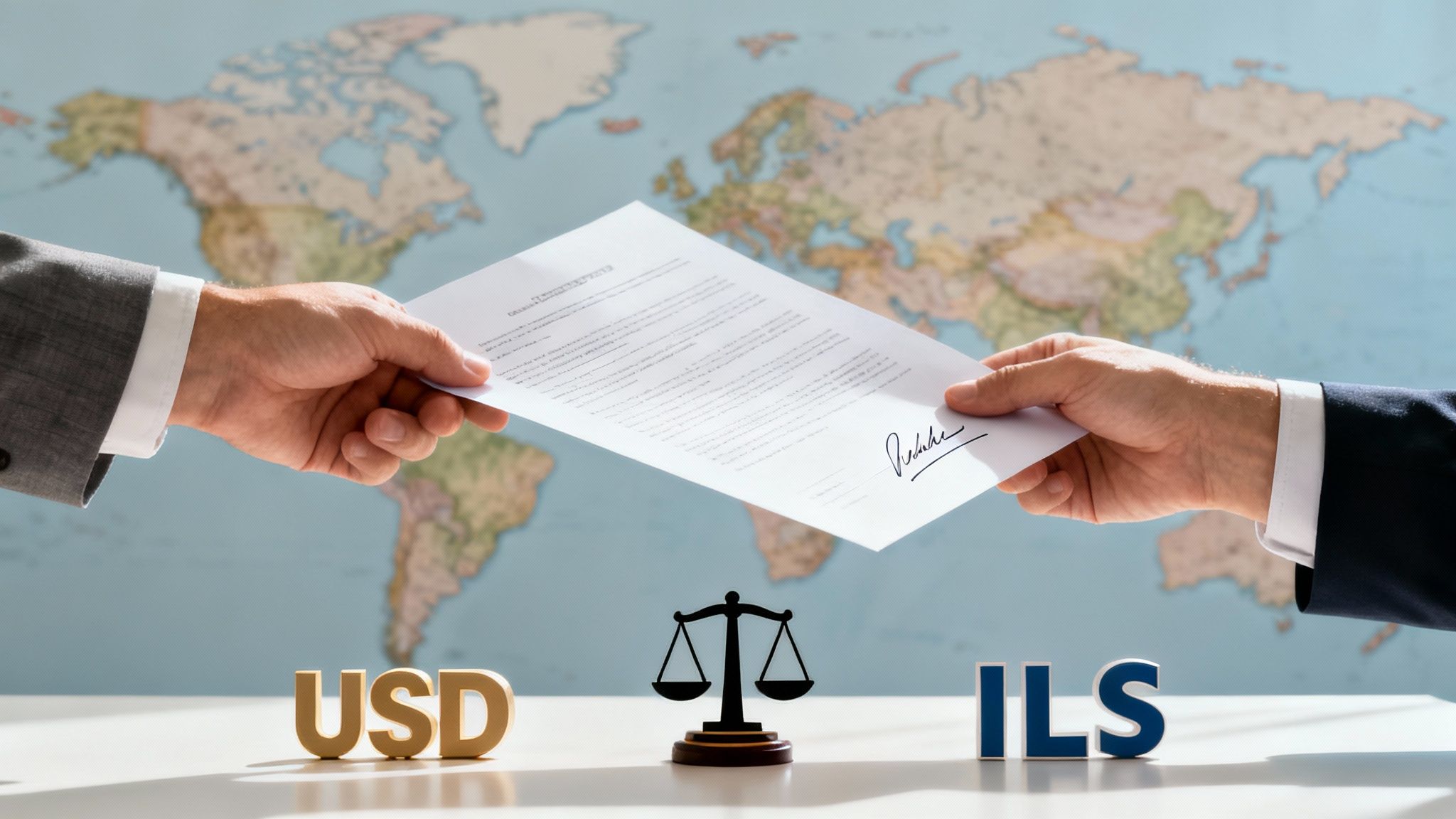 Two hands exchange a signed document over a table with USD, ILS, and a justice scale, with a world map background.