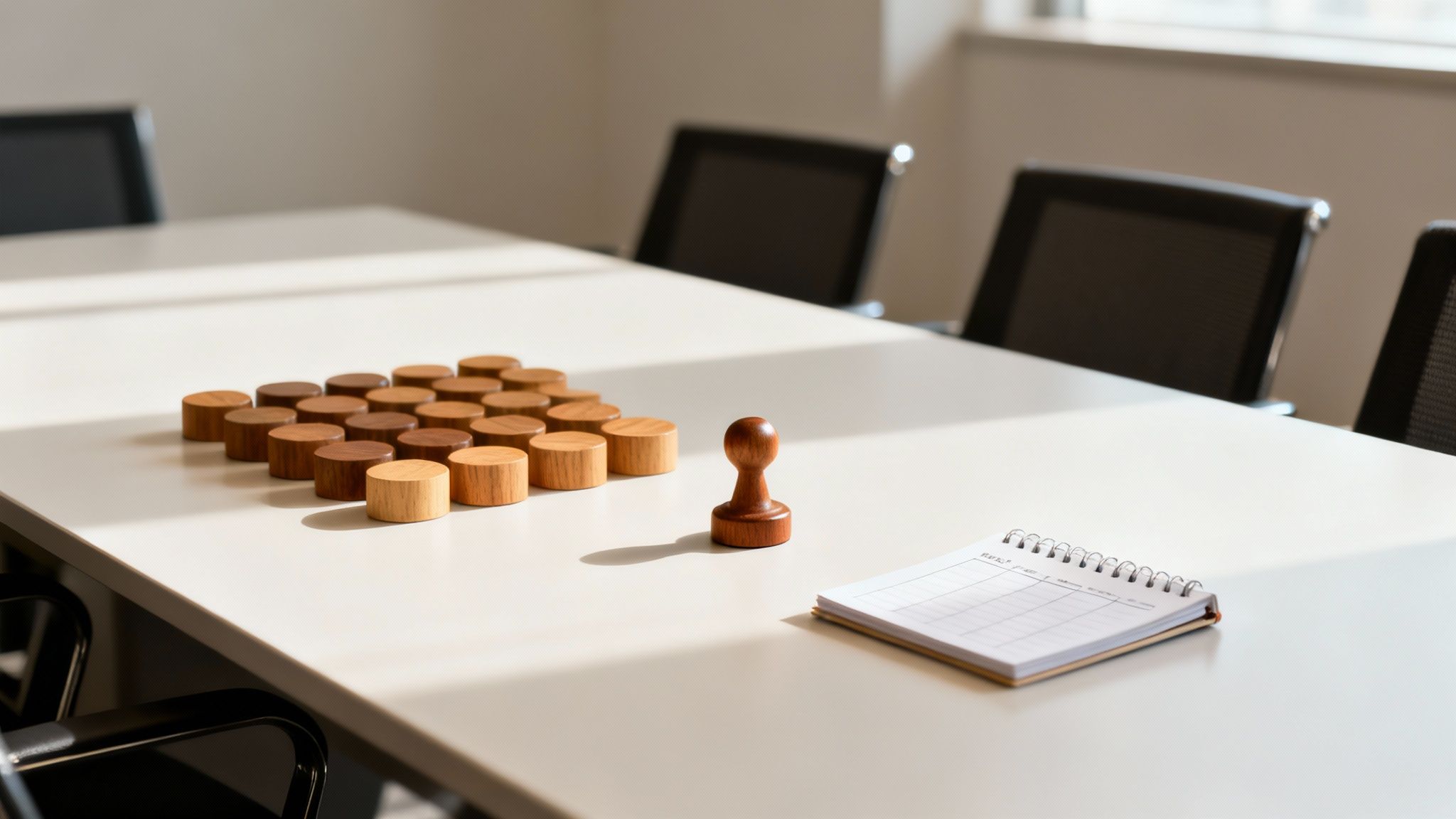 Wooden game pieces and a single pawn on a conference table with a notebook, symbolizing strategy.