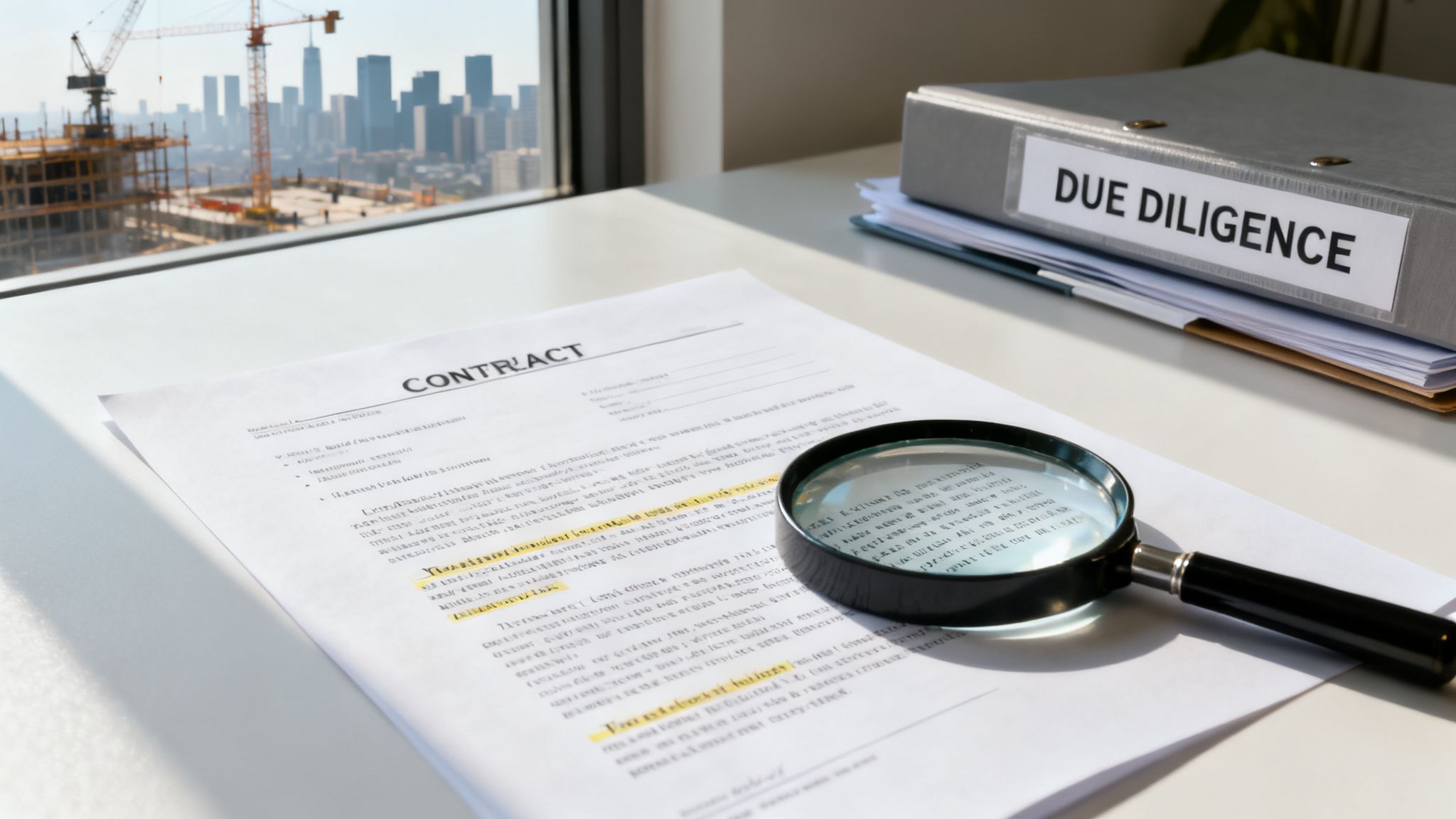 A contract, magnifying glass, and a 'DUE DILIGENCE' binder on a desk overlooking city construction.