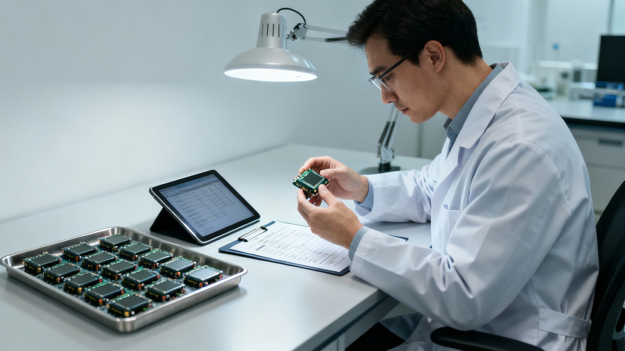 A man in a white lab coat meticulously examines a small electronic circuit board under a desk lamp.