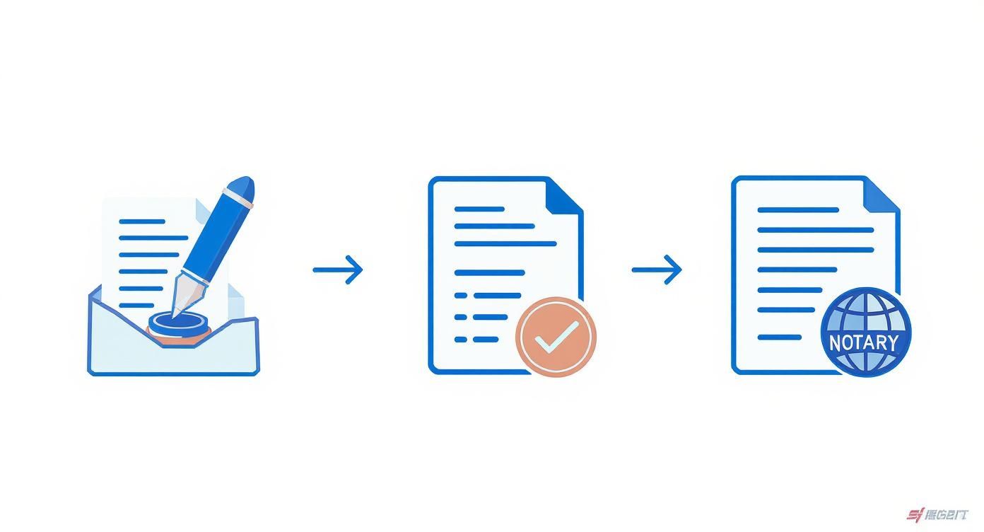 אינפוגרפיקה המציגה את תהליך השירות הנוטריוני בשלושה שלבים עיקריים אימות חתימה, אישור העתק ותרגום נוטריוני