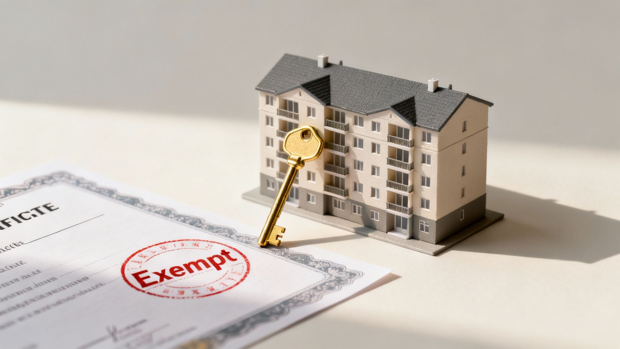 Miniature apartment building with a golden key and an 'Exempt' stamped document, symbolizing real estate exemption.