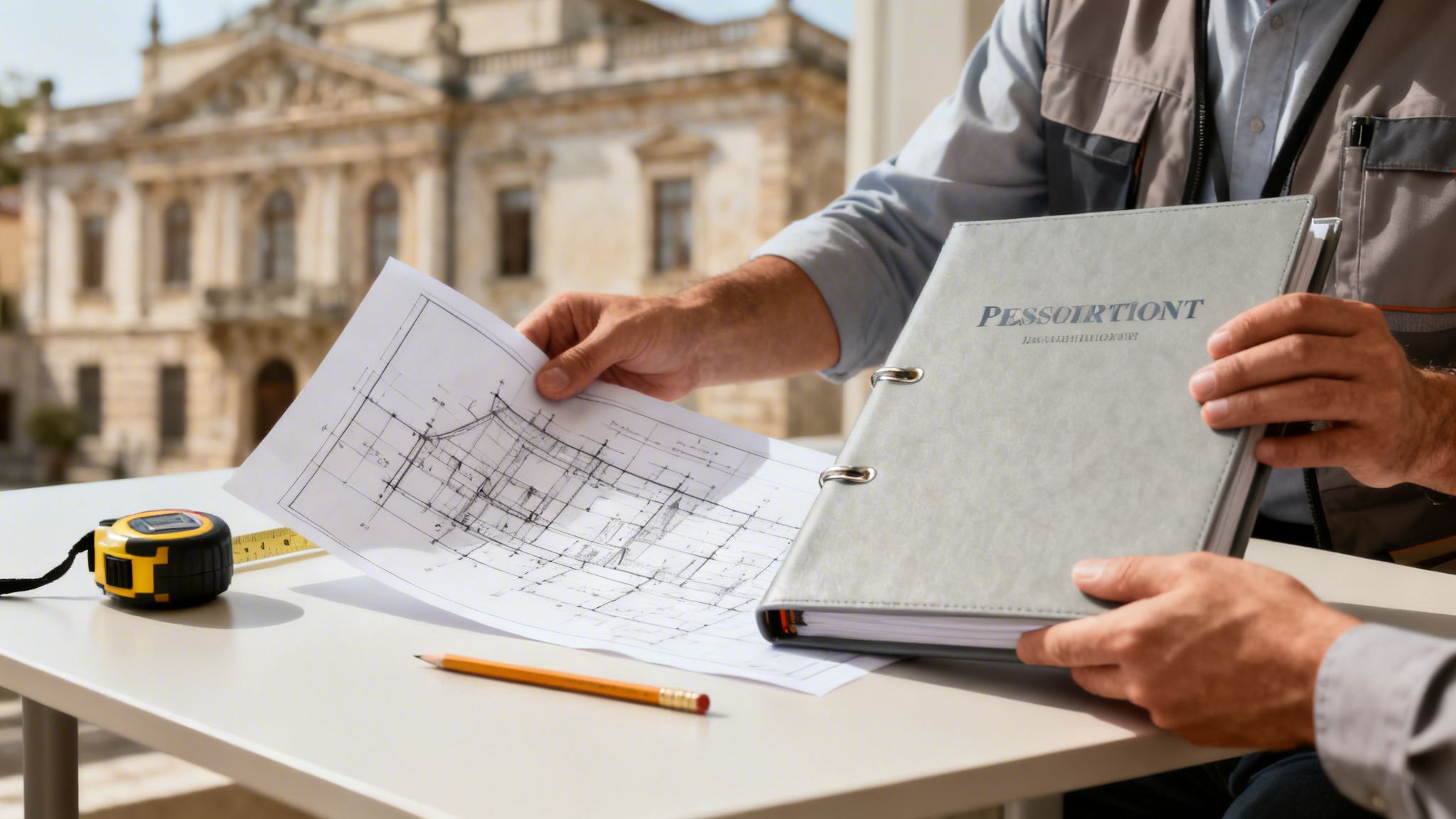 An architect reviews detailed building plans and a binder on a table with a tape measure, against a historic building background.