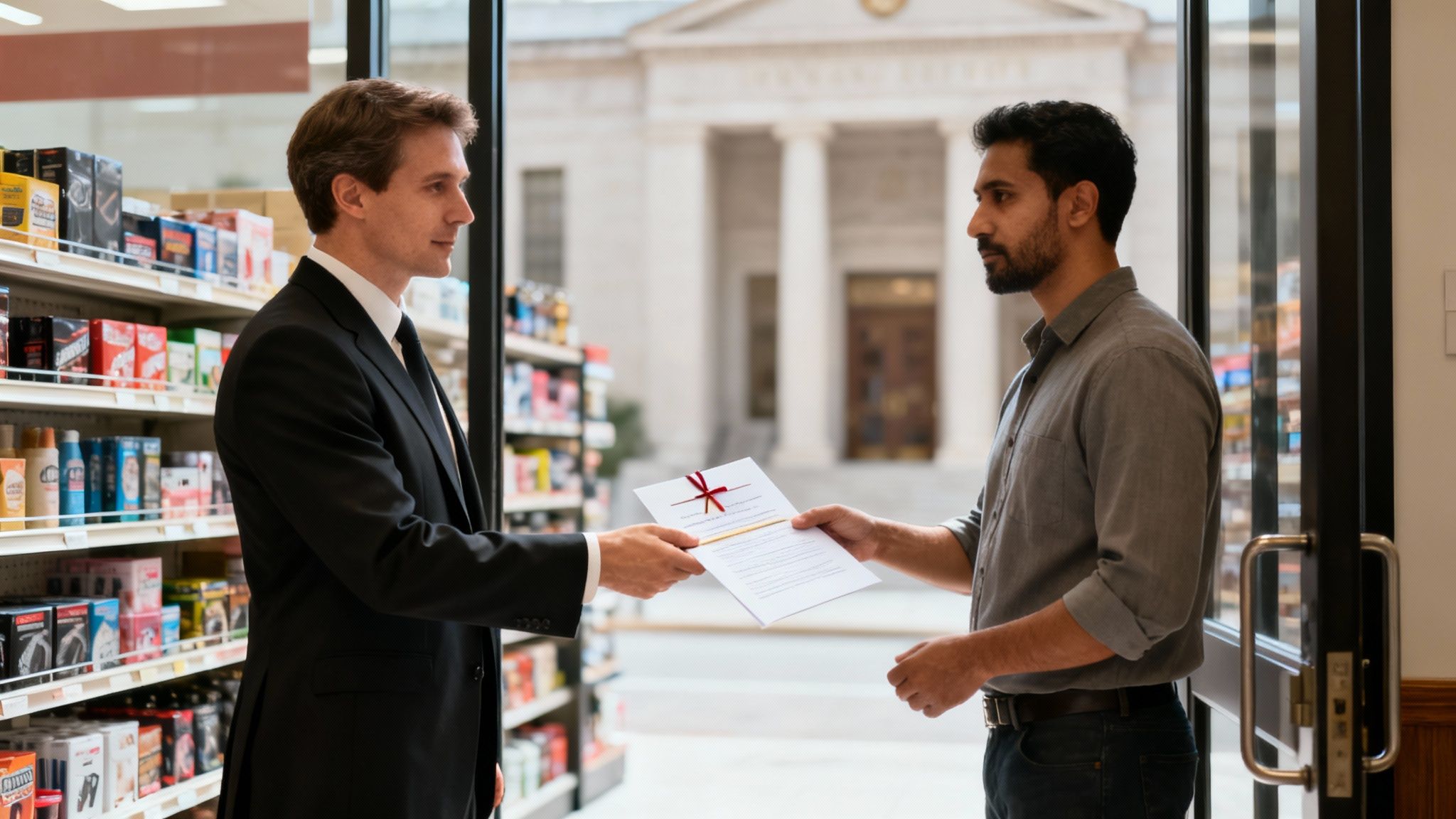 Two men exchanging a document with a red ribbon in a store setting, with a building outside.