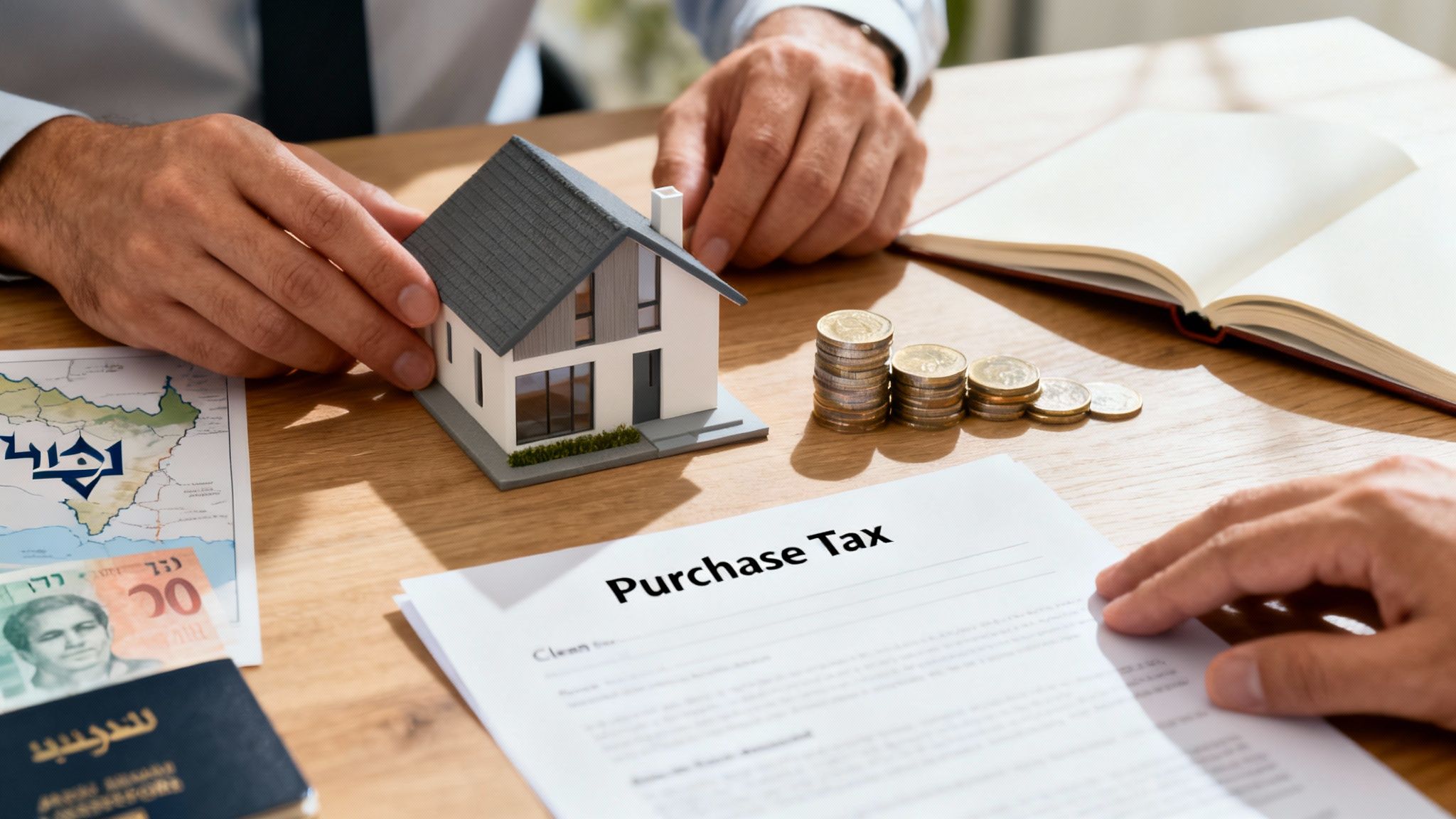 Two men discuss real estate purchase tax in Israel, with a house model, money, and documents.