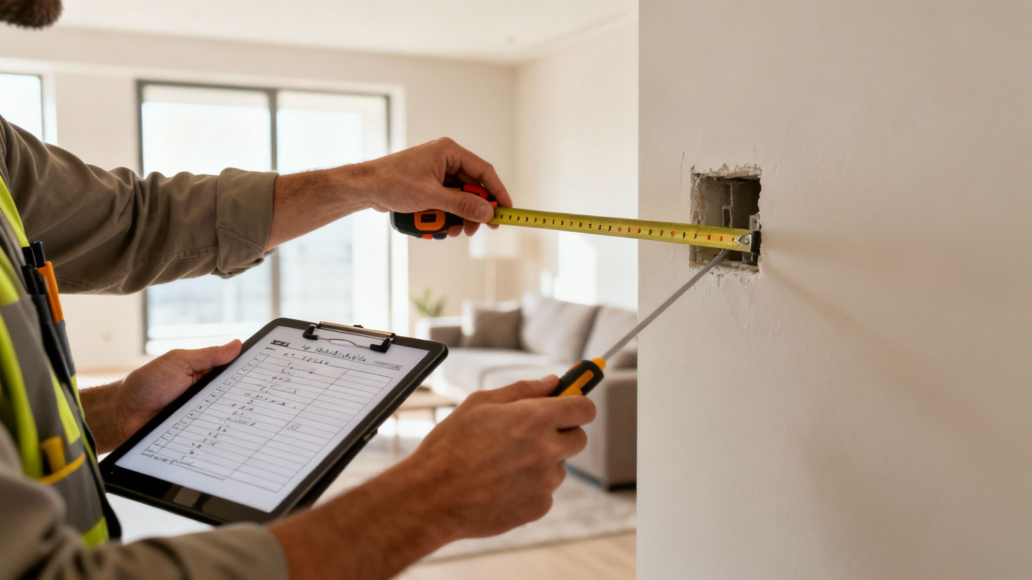A construction worker measures an electrical box opening in a wall, holding a clipboard.