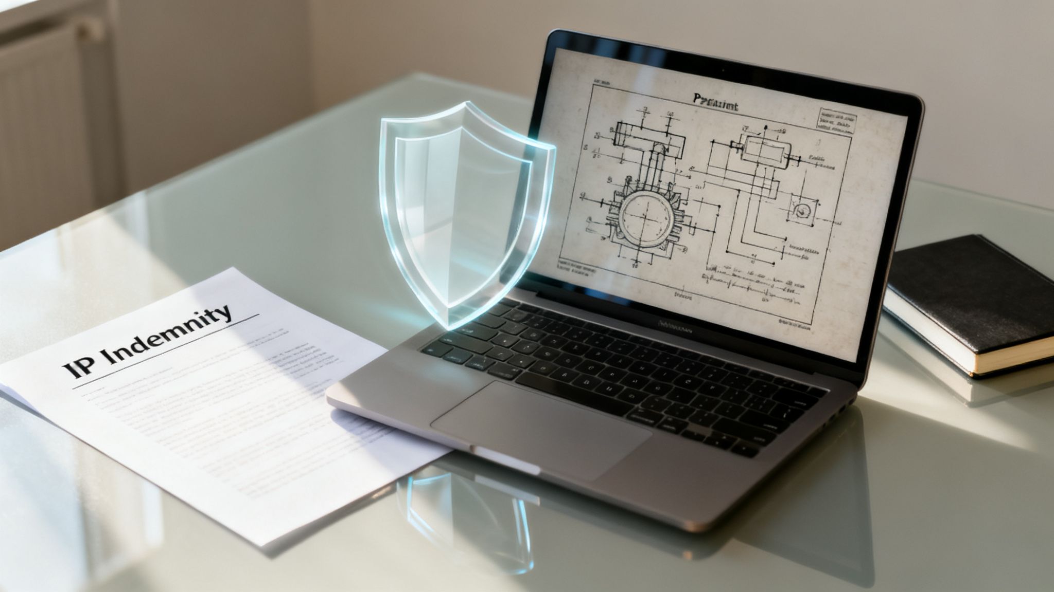 A document labeled 'IP Indemnity' next to a laptop displaying a patent drawing, with a glowing shield representing protection.