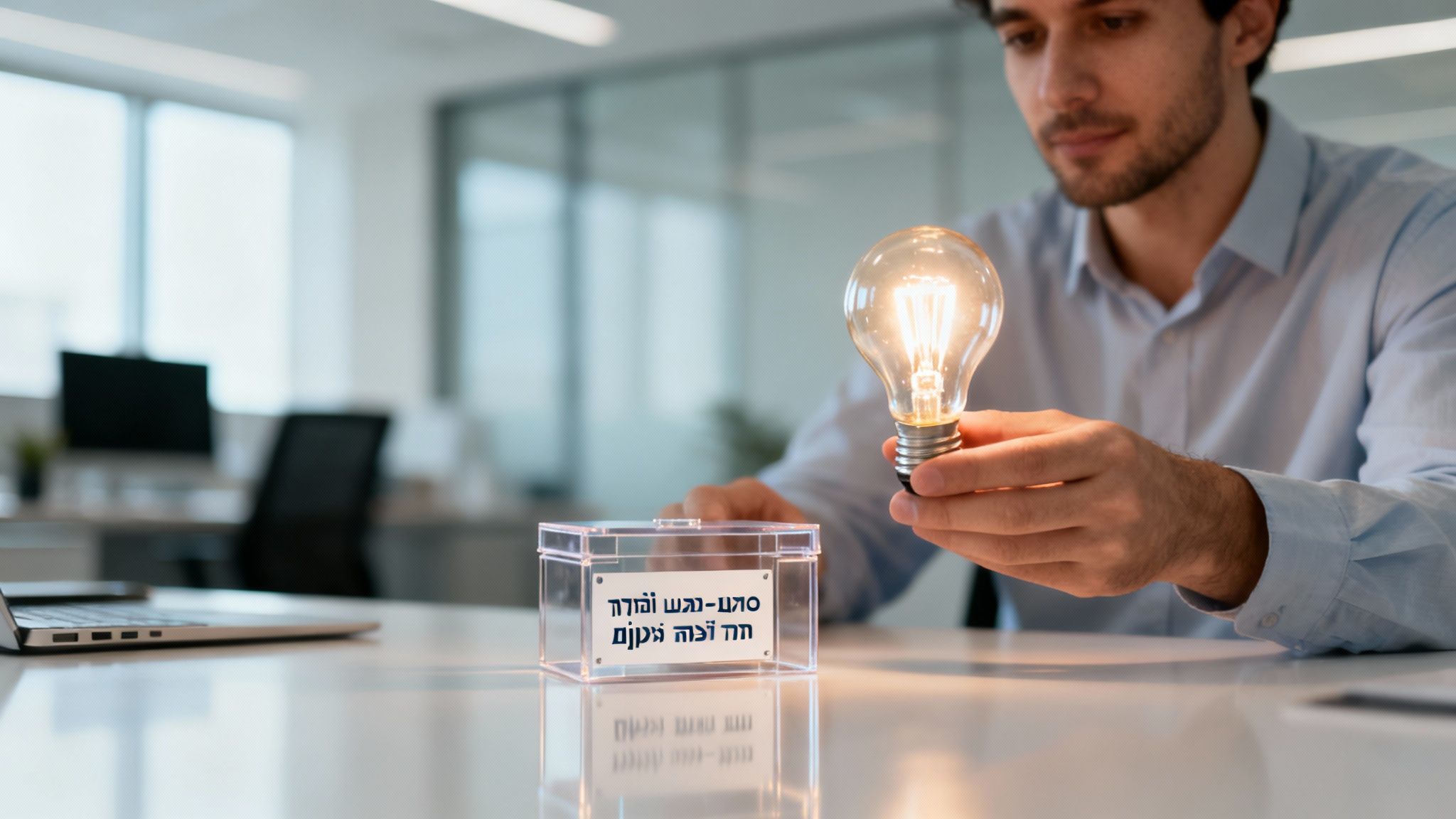 גבר מחזיק נורת רעיון דולקת ליד קופסה שקופה להגשת רעיונות במשרד.