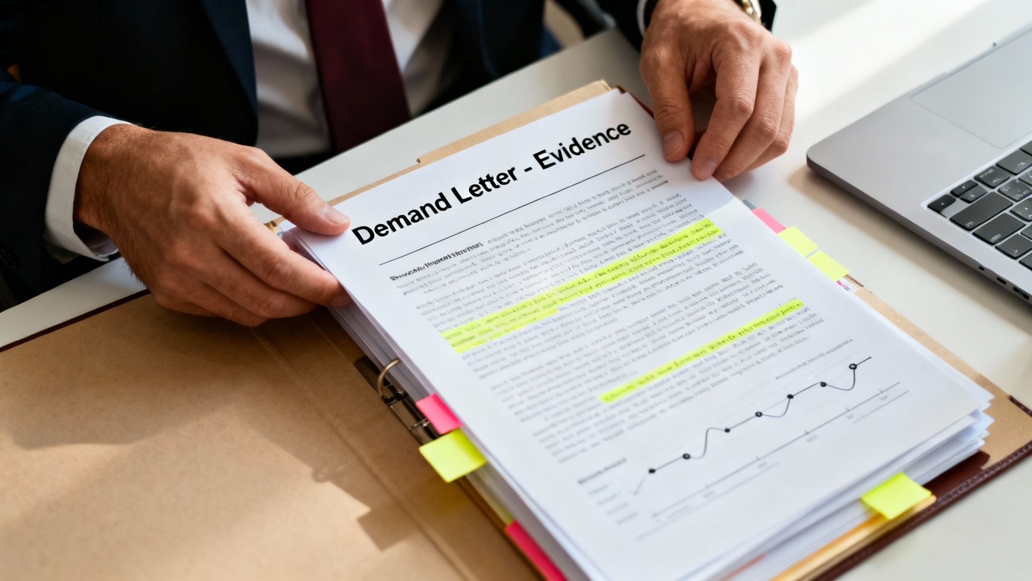 Close-up of a person's hands holding a demand letter, reviewing legal evidence with highlights.