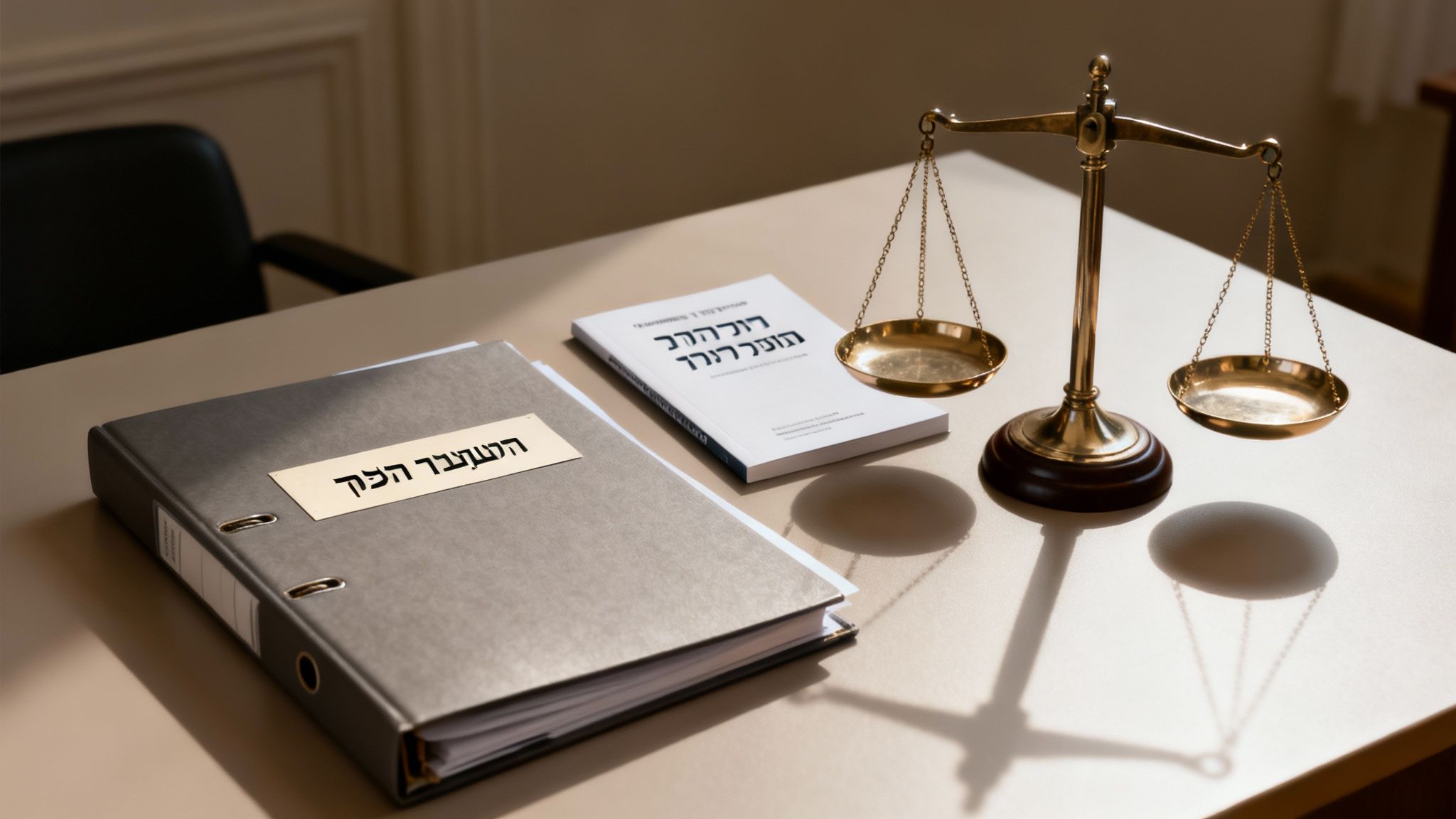 Scales of justice, a folder, and law books on a desk, representing legal frameworks for dispute resolution in franchising.