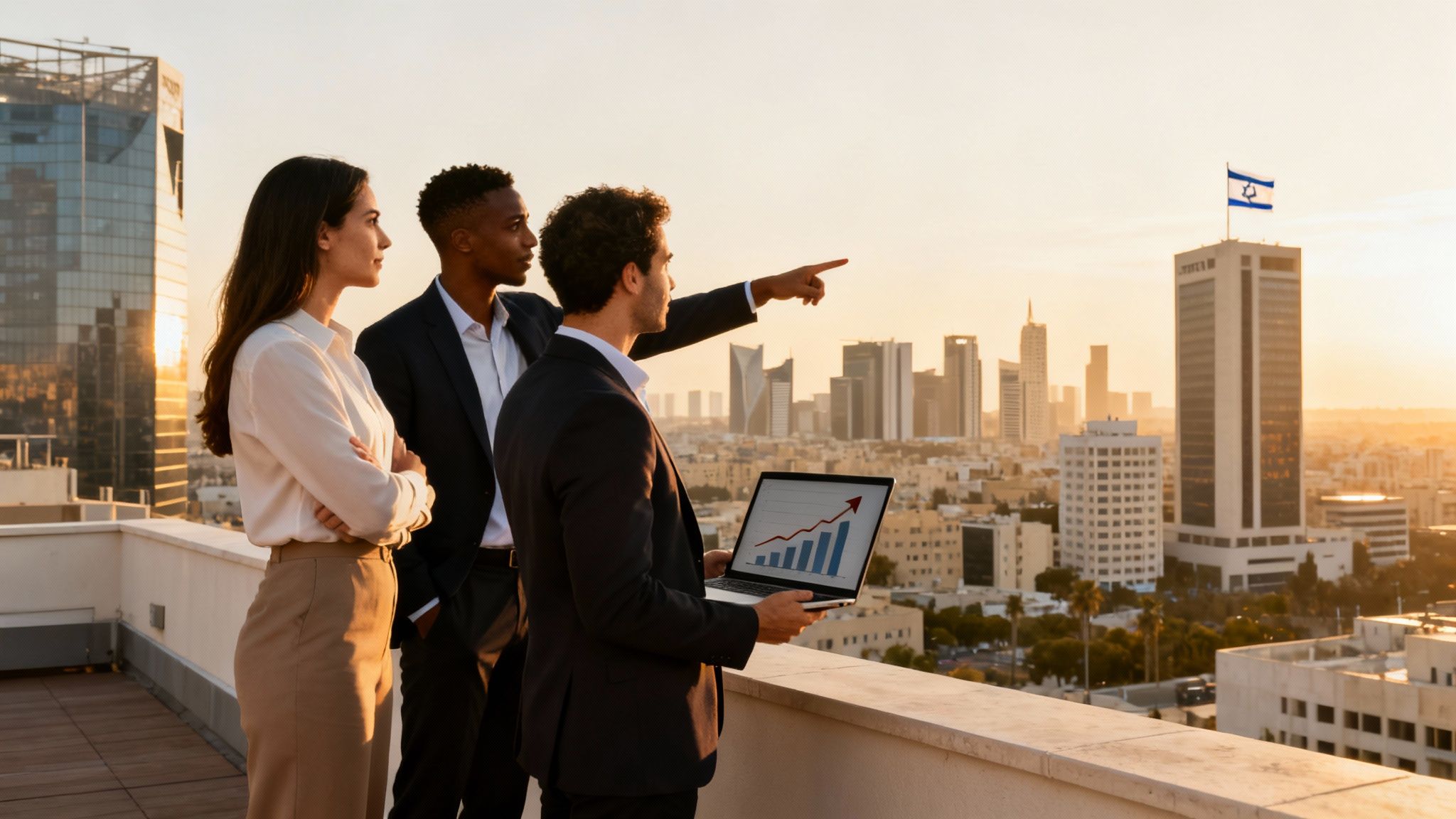 Three business professionals on a city rooftop at sunset, pointing at the a laptop showing a graph.