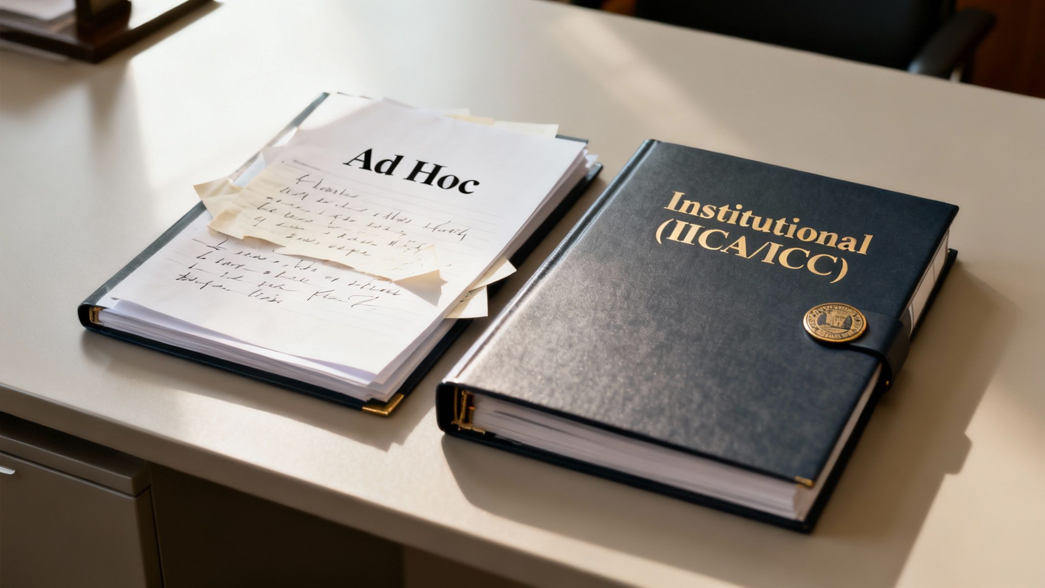 Two professional binders, 'Ad Hoc' and 'Institutional (IICA/ICC)', on a desk, representing legal documents.