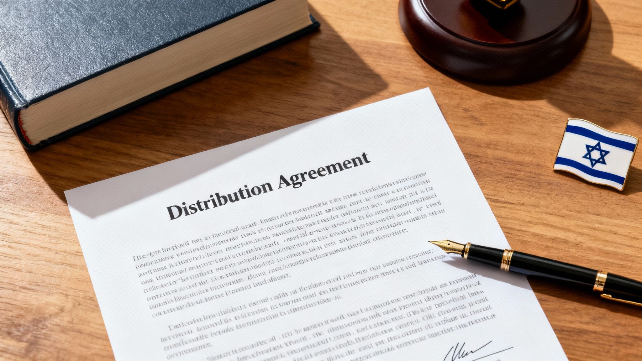 A legal document titled 'Distribution Agreement' on a wooden desk with a pen, book, gavel, and Israeli flag pin.