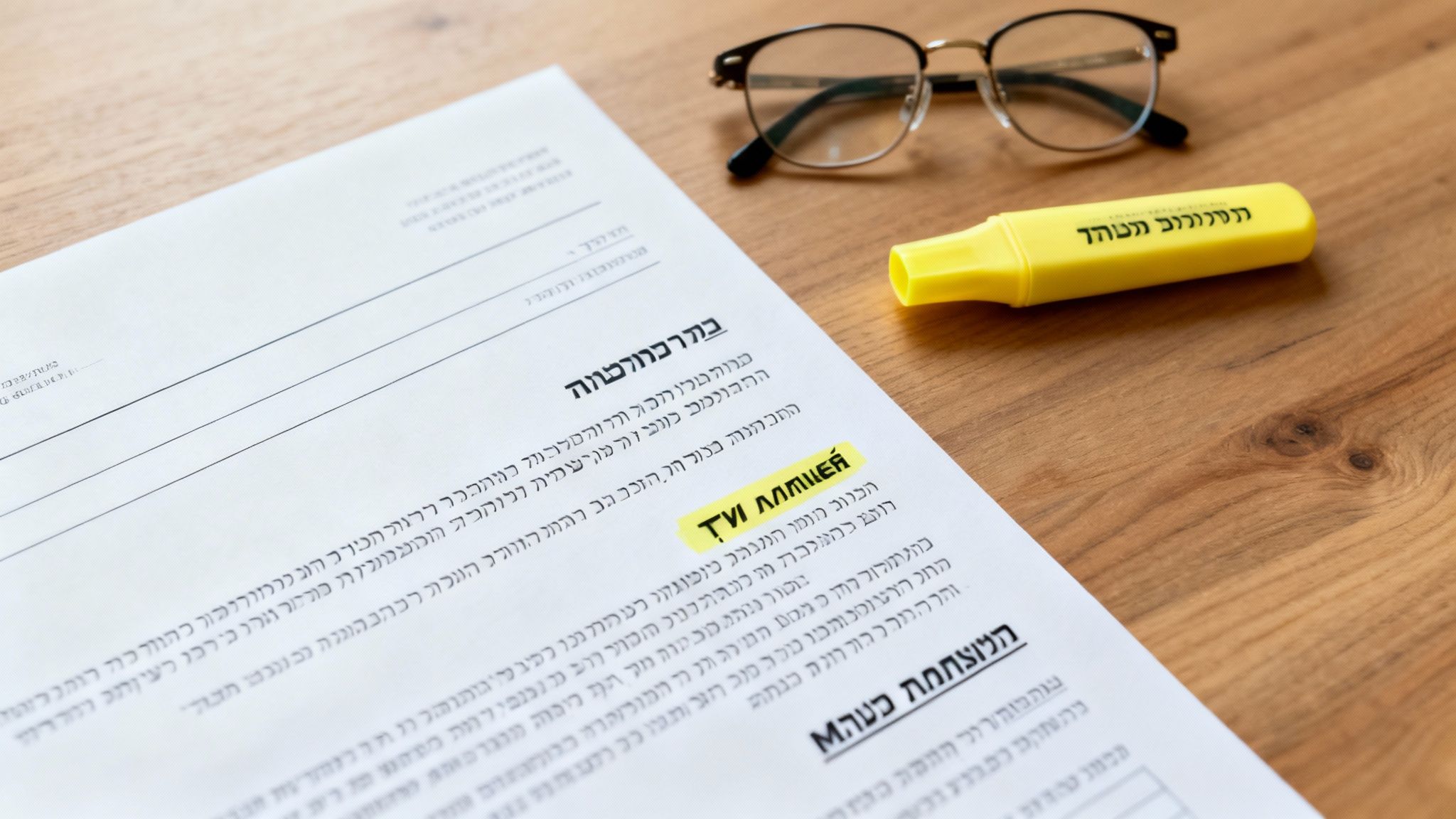 A printed contract document on a wooden desk, with a yellow highlighter and glasses resting on it, signifying review and scrutiny.