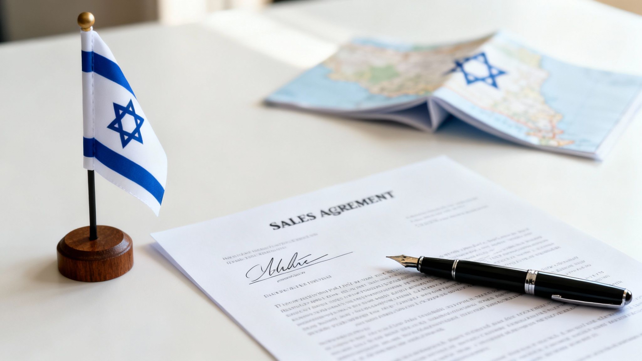 A desktop scene featuring a miniature Israeli flag, a signed sales agreement document, a fountain pen, and a map of Israel.